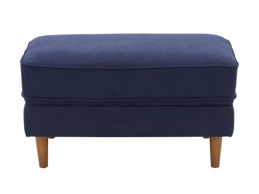 Navy blue mid-century modern ottoman with wooden legs, tufted fabric, and sleek design. Perfect for living room or bedroom decor.