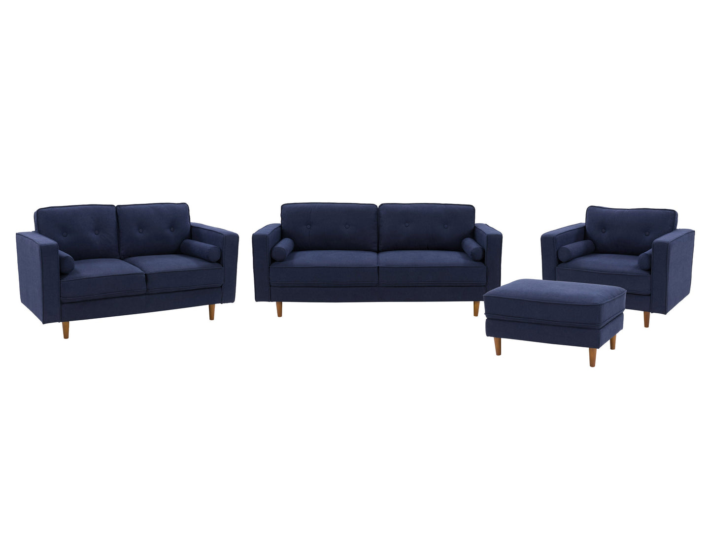 Navy blue 4-piece living room sofa set with plush cushions, sleek wooden legs, and soft fabric upholstery, featuring a modern design perfect for contemporary home decor and comfortable seating.