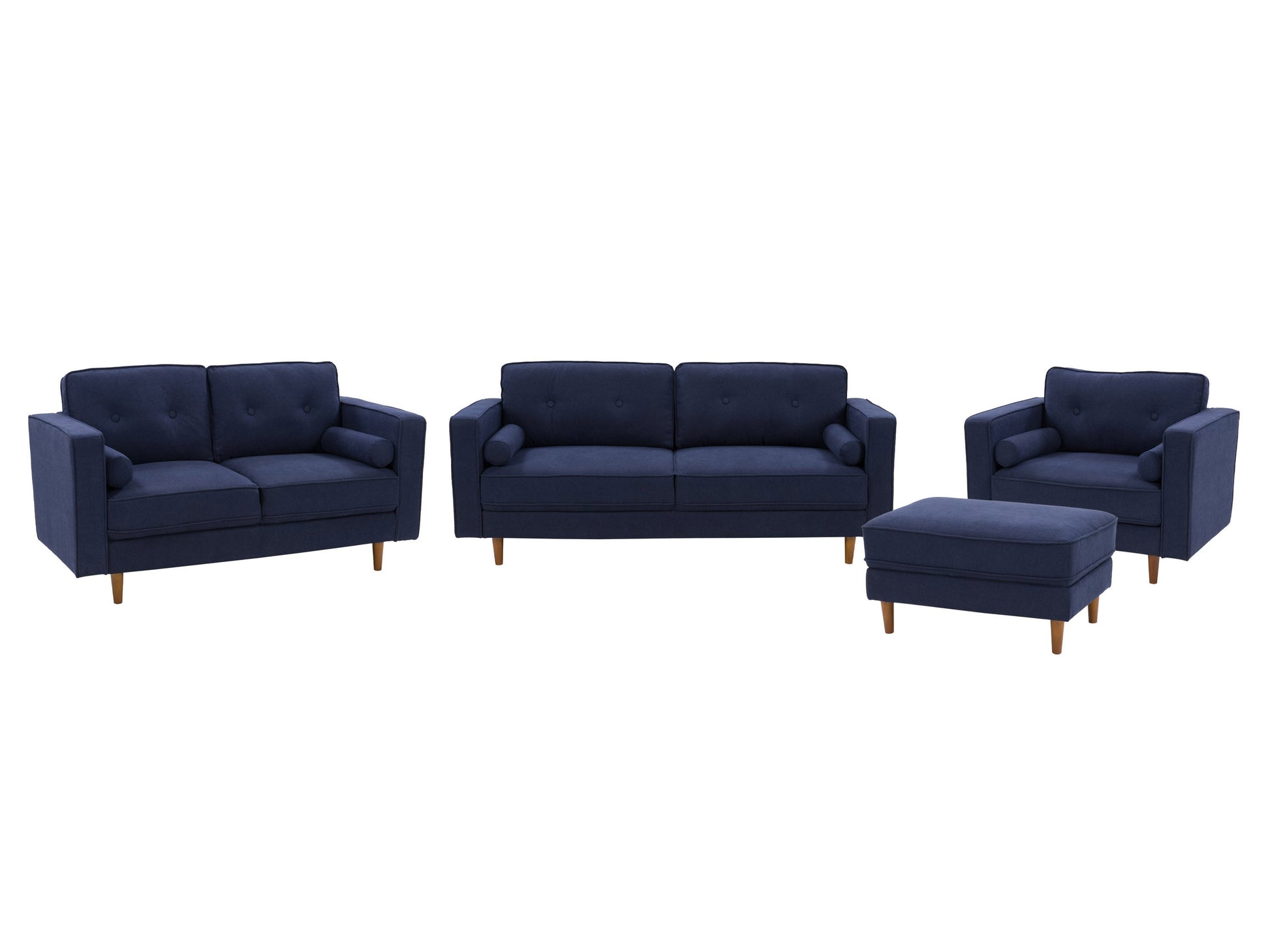 Navy blue 4-piece living room sofa set with plush cushions, sleek wooden legs, and soft fabric upholstery, featuring a modern design perfect for contemporary home decor and comfortable seating.