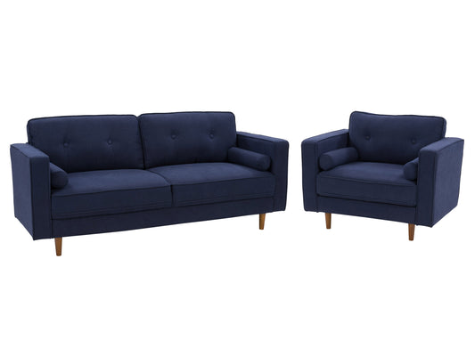 Navy blue sofa and chair set with plush cushions, wooden legs, and soft velvet upholstery, ideal for modern living rooms.