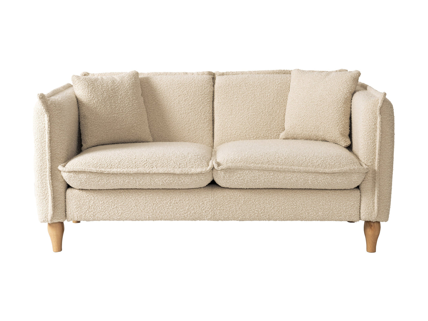 Modern boucle loveseat in cream, featuring soft textured fabric, sleek wooden legs, and plush cushioning for comfort and style, perfect for contemporary living rooms or cozy reading nooks.