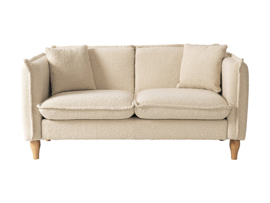 Modern boucle loveseat in cream, featuring soft textured fabric, sleek wooden legs, and plush cushioning for comfort and style, perfect for contemporary living rooms or cozy reading nooks.