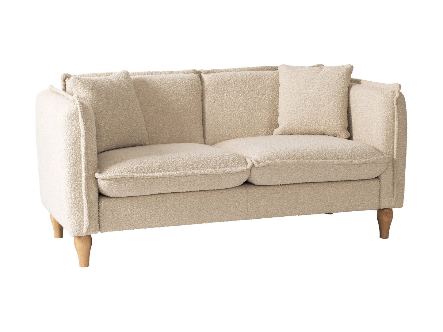 Modern boucle loveseat in cream, featuring soft textured fabric, sleek wooden legs, and plush cushioning for comfort and style, perfect for contemporary living rooms or cozy reading nooks.