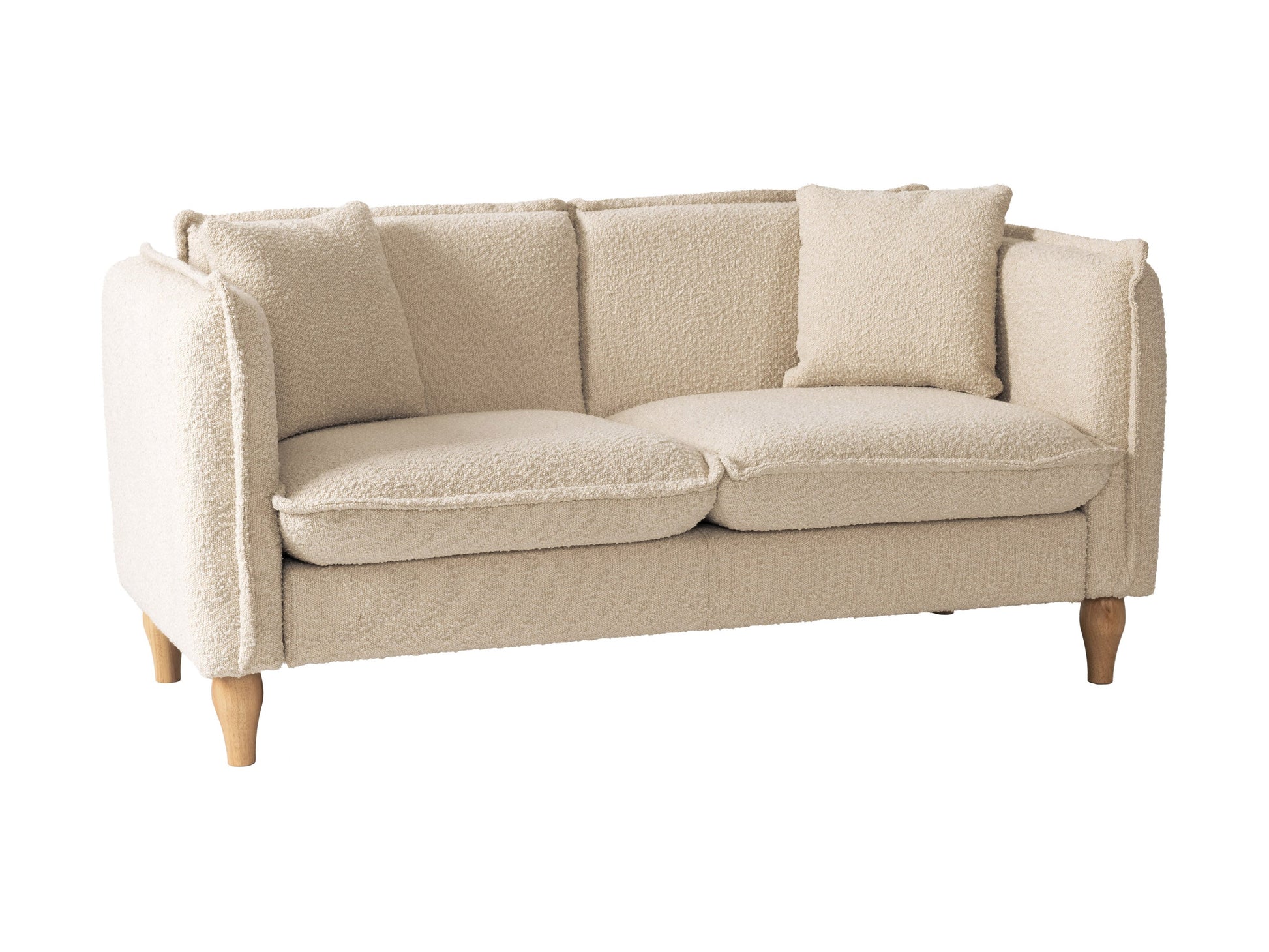 Modern boucle loveseat in cream, featuring soft textured fabric, sleek wooden legs, and plush cushioning for comfort and style, perfect for contemporary living rooms or cozy reading nooks.
