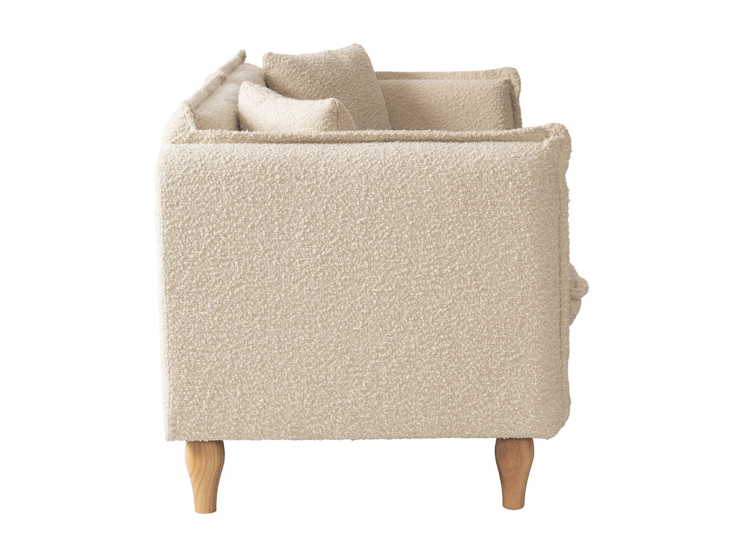 Modern boucle loveseat in cream, featuring soft textured fabric, sleek wooden legs, and plush cushioning for comfort and style, perfect for contemporary living rooms or cozy reading nooks.