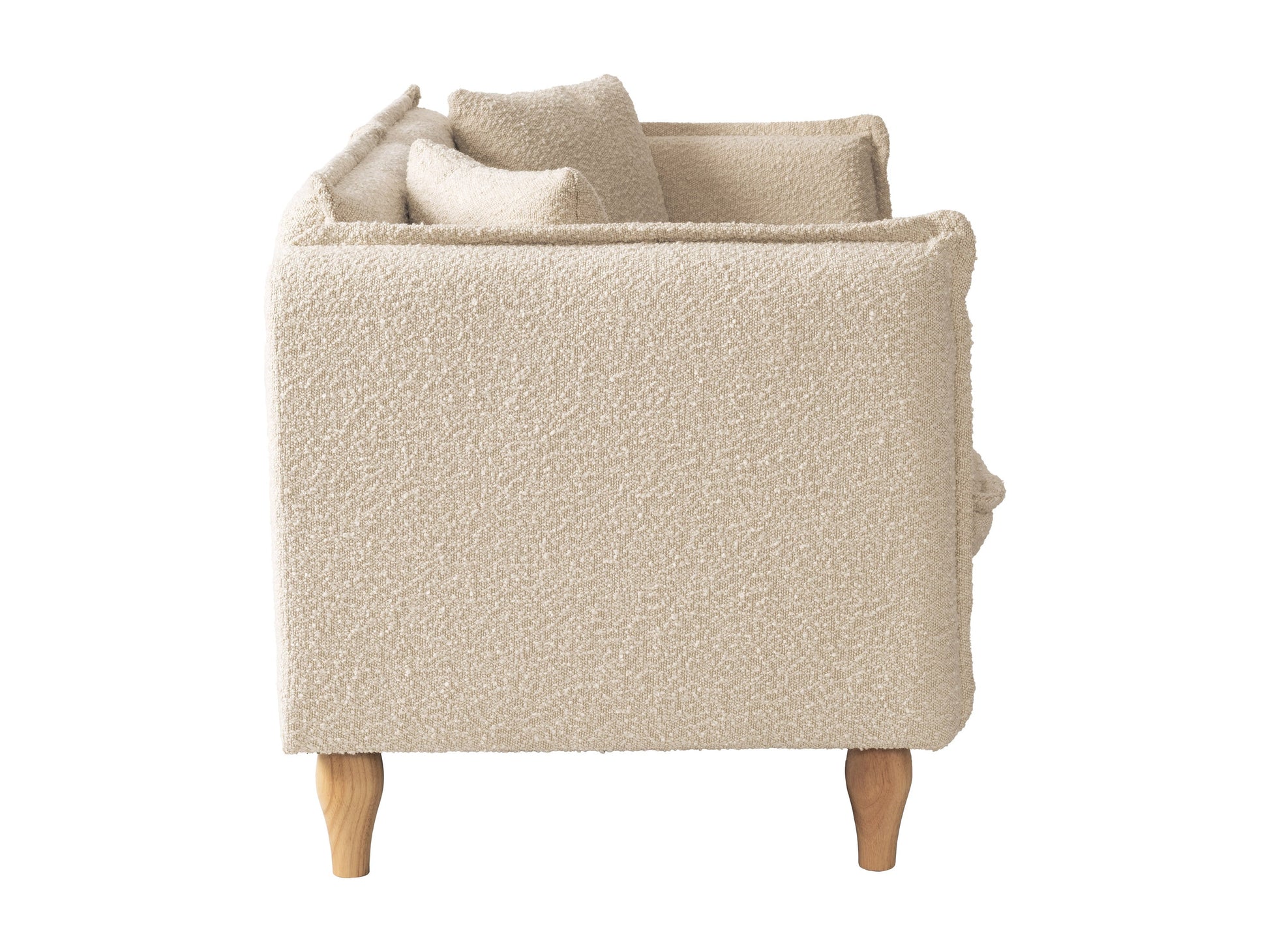 Modern boucle loveseat in cream, featuring soft textured fabric, sleek wooden legs, and plush cushioning for comfort and style, perfect for contemporary living rooms or cozy reading nooks.