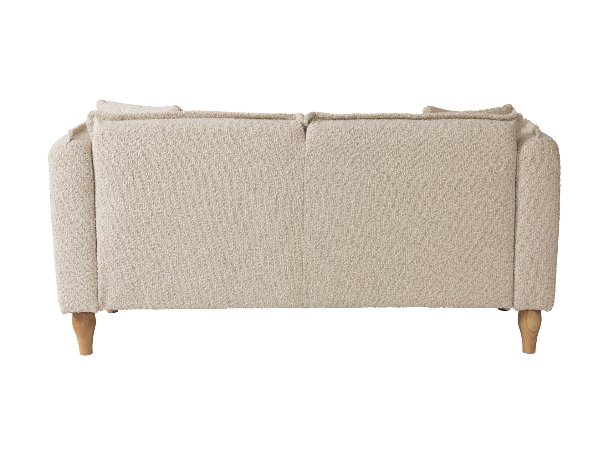 Modern boucle loveseat in cream, featuring soft textured fabric, sleek wooden legs, and plush cushioning for comfort and style, perfect for contemporary living rooms or cozy reading nooks.