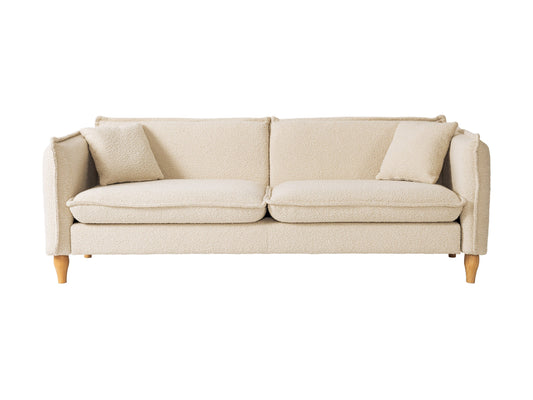 Cream Boucle Sofa with curved back, plush texture, and wooden legs. Ideal for modern living rooms. Comfortable seating with soft, tactile fabric.
