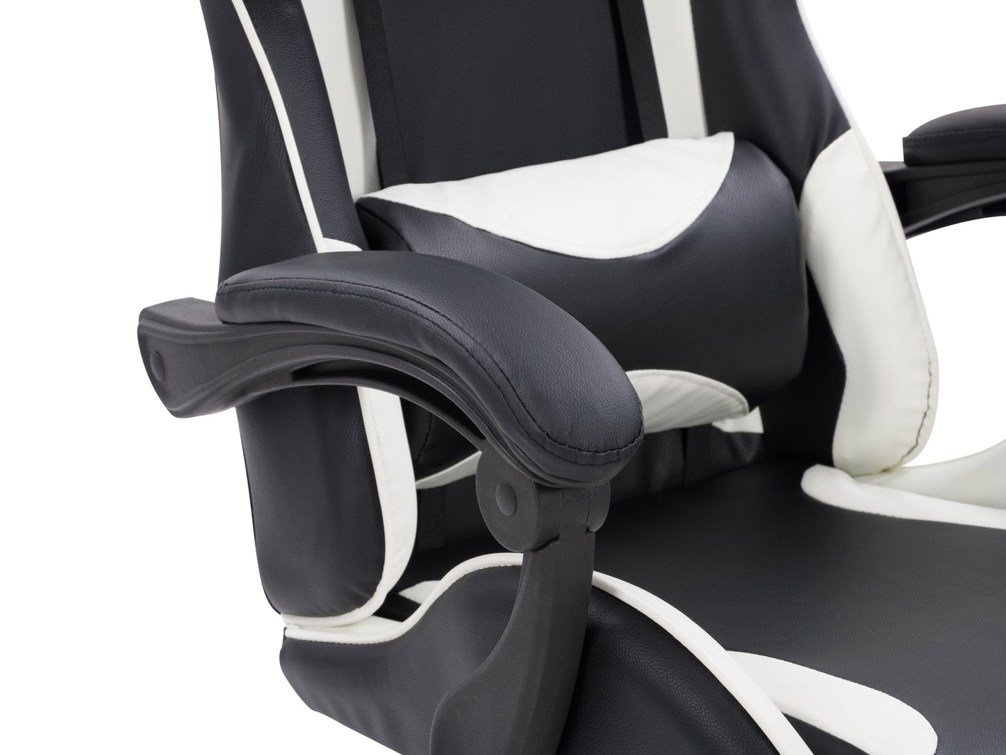 Black and white reclining gaming chair with ergonomic design, high-density foam padding, adjustable armrests, lumbar support, and smooth PU leather upholstery. Perfect for long gaming sessions.