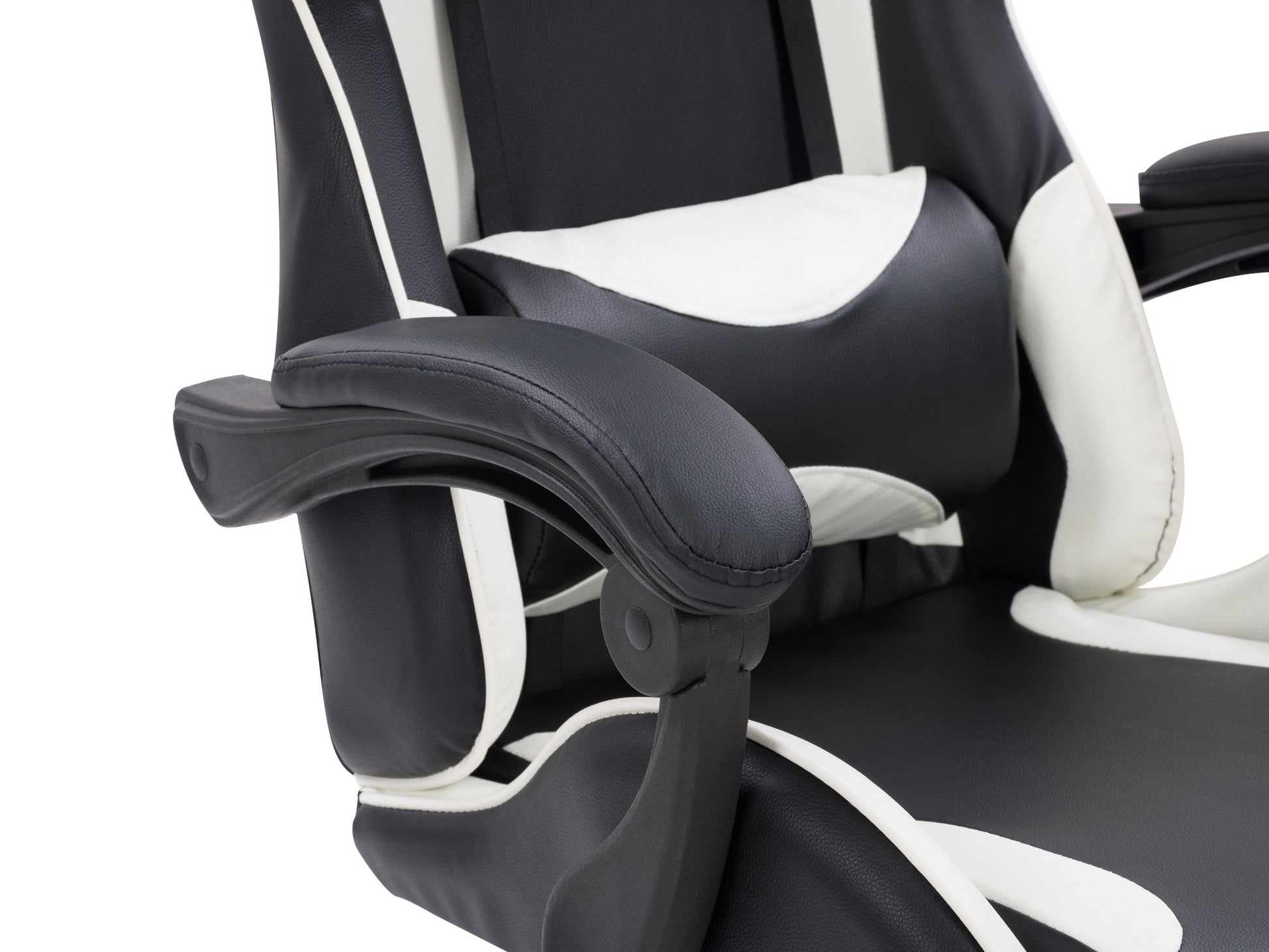 Black and white reclining gaming chair with ergonomic design, high-density foam padding, adjustable armrests, lumbar support, and smooth PU leather upholstery. Perfect for long gaming sessions.