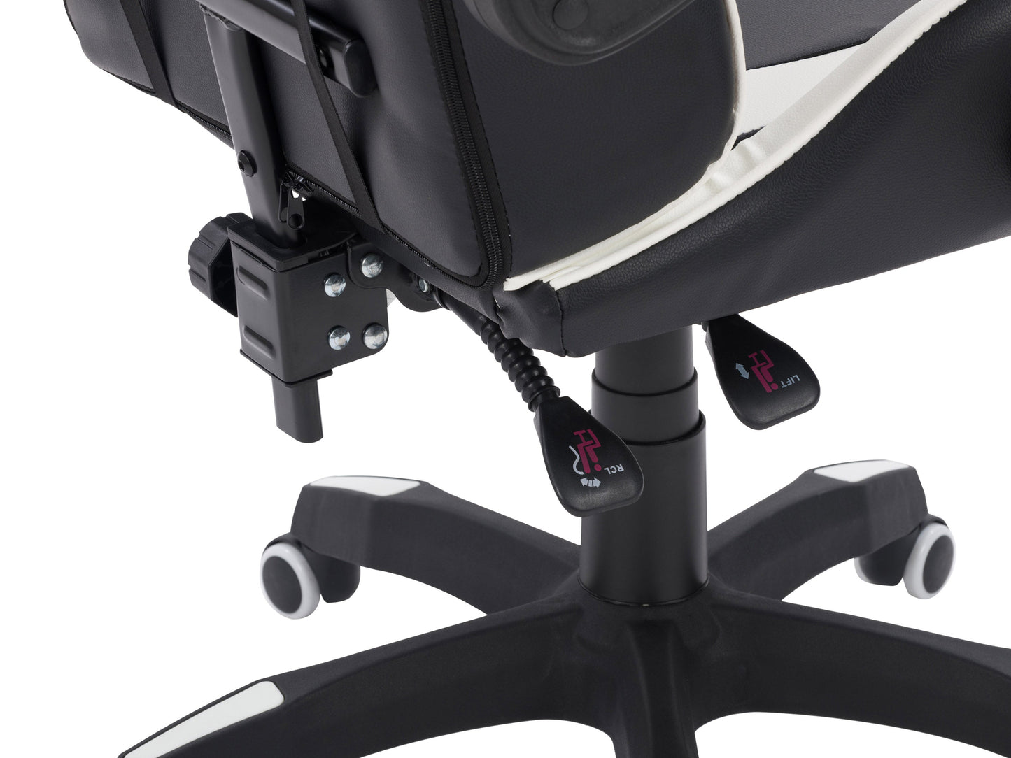 Black and white reclining gaming chair with ergonomic design, high-density foam padding, adjustable armrests, lumbar support, and smooth PU leather upholstery. Perfect for long gaming sessions.