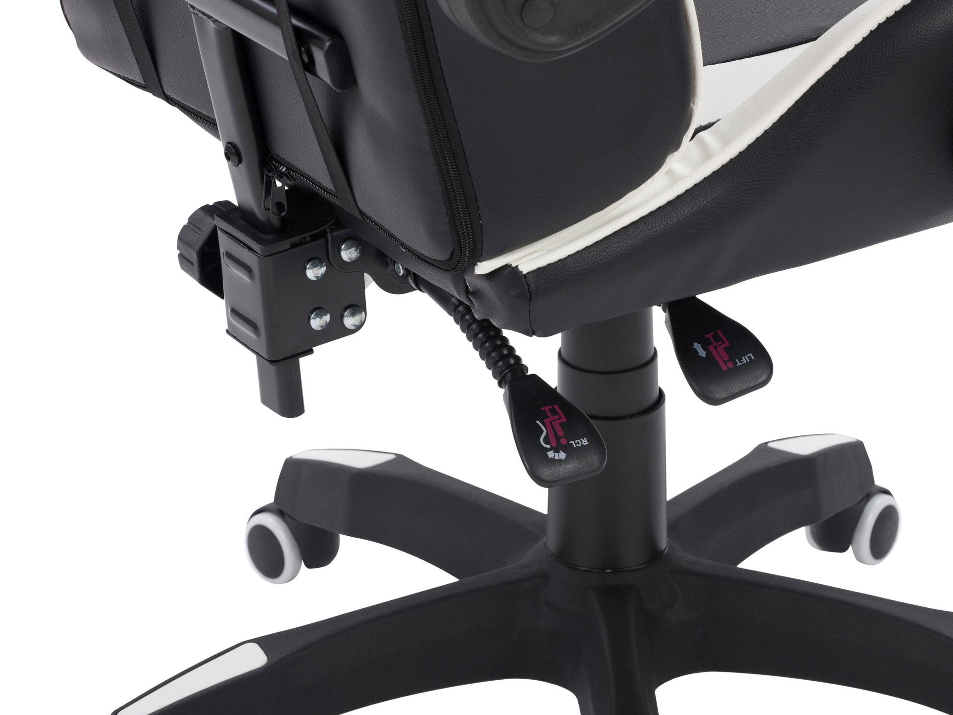 Black and white reclining gaming chair with ergonomic design, high-density foam padding, adjustable armrests, lumbar support, and smooth PU leather upholstery. Perfect for long gaming sessions.