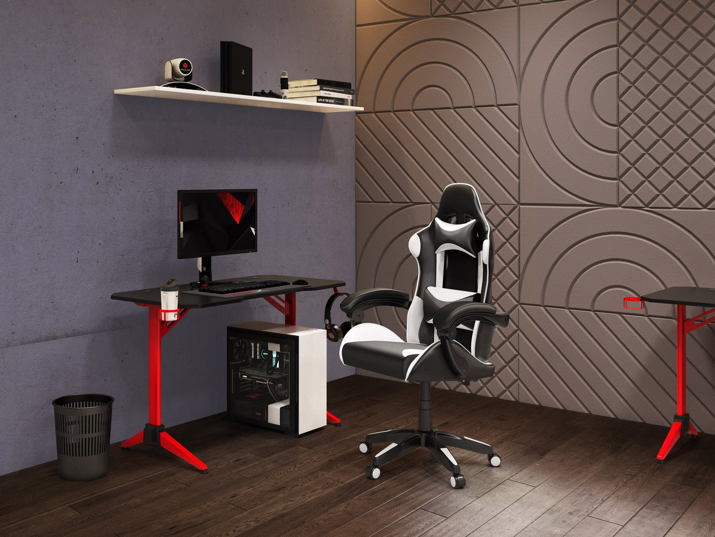 Black and white reclining gaming chair with ergonomic design, high-density foam padding, adjustable armrests, lumbar support, and smooth PU leather upholstery. Perfect for long gaming sessions.