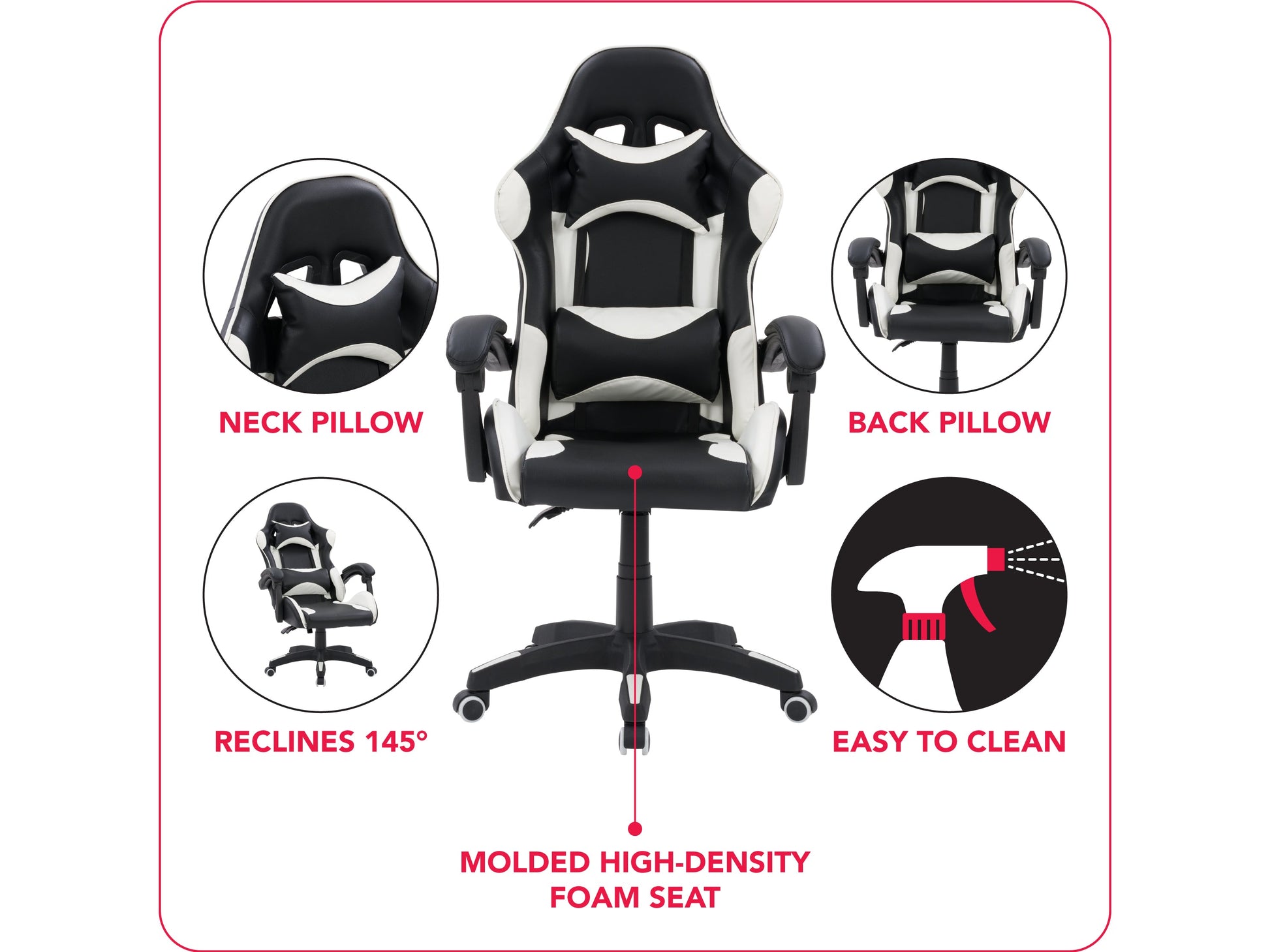 Black and white reclining gaming chair with ergonomic design, high-density foam padding, adjustable armrests, lumbar support, and smooth PU leather upholstery. Perfect for long gaming sessions.