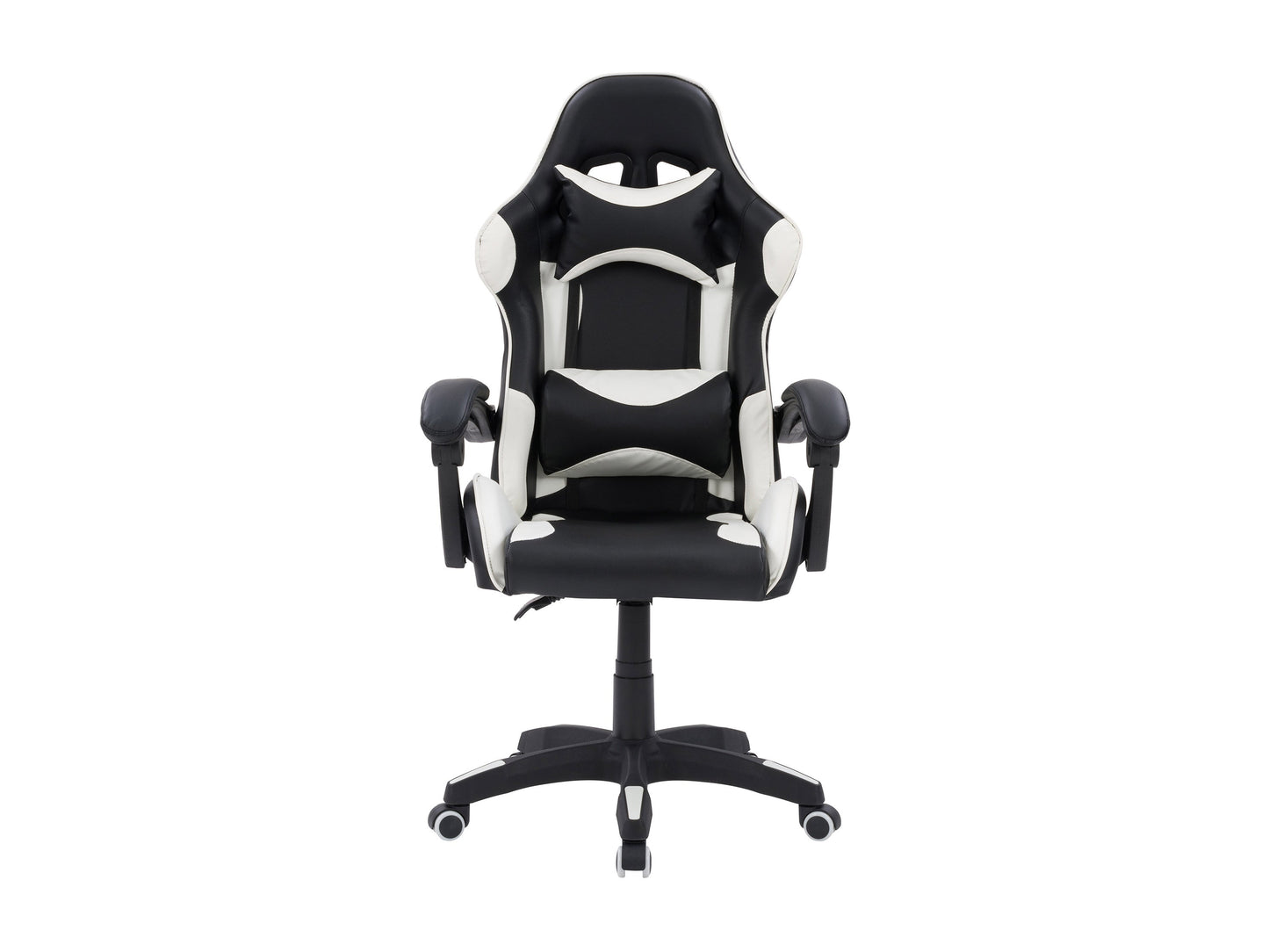 Black and white reclining gaming chair with ergonomic design, high-density foam padding, adjustable armrests, lumbar support, and smooth PU leather upholstery. Perfect for long gaming sessions.