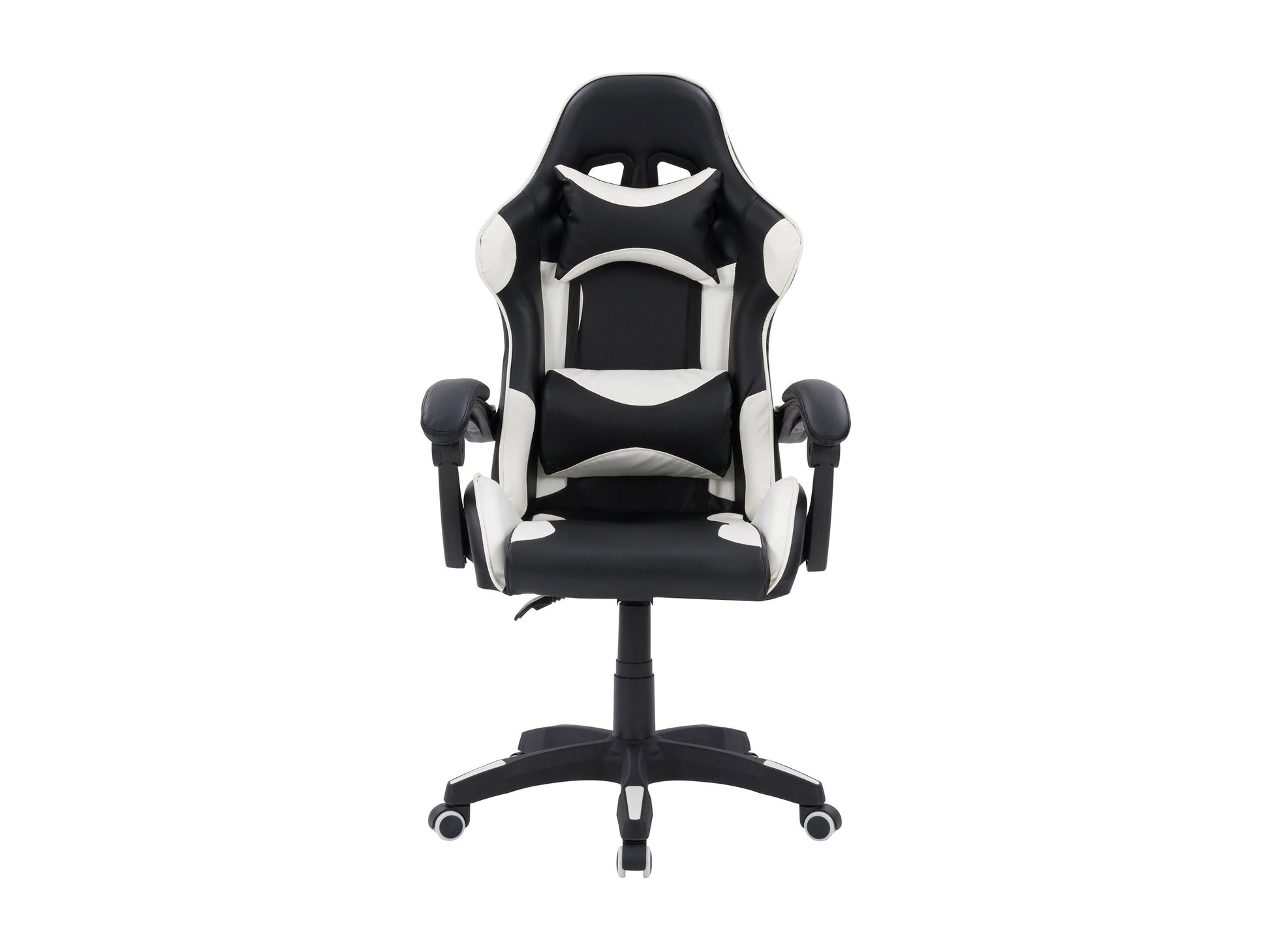 Black and white reclining gaming chair with ergonomic design, high-density foam padding, adjustable armrests, lumbar support, and smooth PU leather upholstery. Perfect for long gaming sessions.