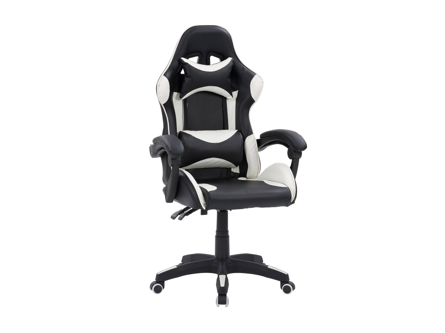 Black and white reclining gaming chair with ergonomic design, high-density foam padding, adjustable armrests, lumbar support, and smooth PU leather upholstery. Perfect for long gaming sessions.
