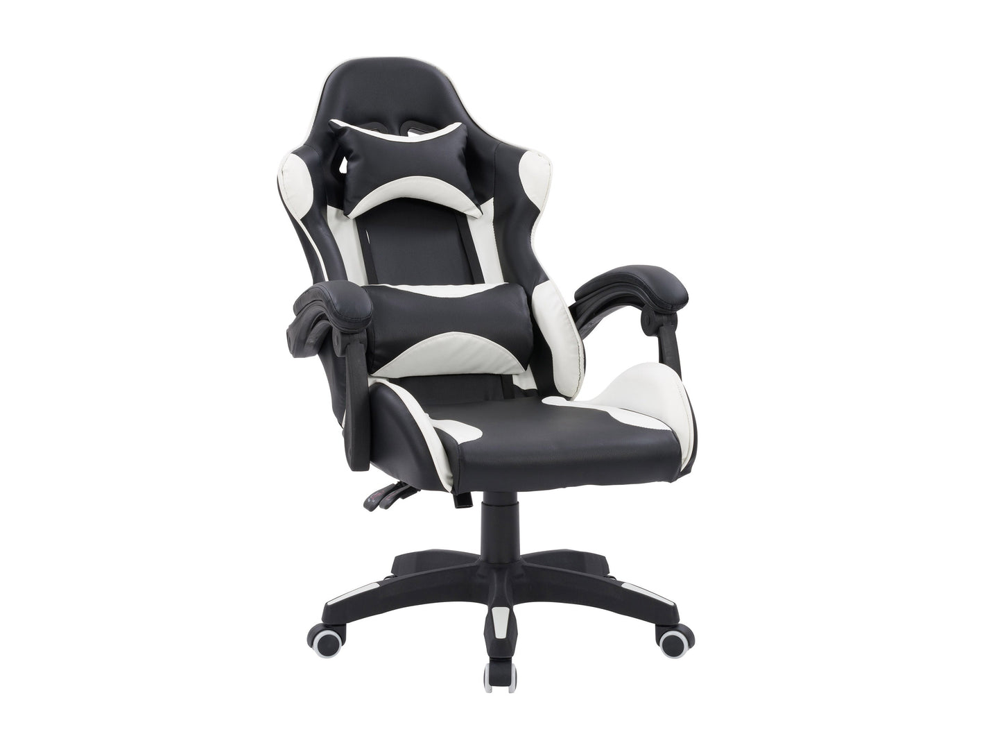 Black and white reclining gaming chair with ergonomic design, high-density foam padding, adjustable armrests, lumbar support, and smooth PU leather upholstery. Perfect for long gaming sessions.