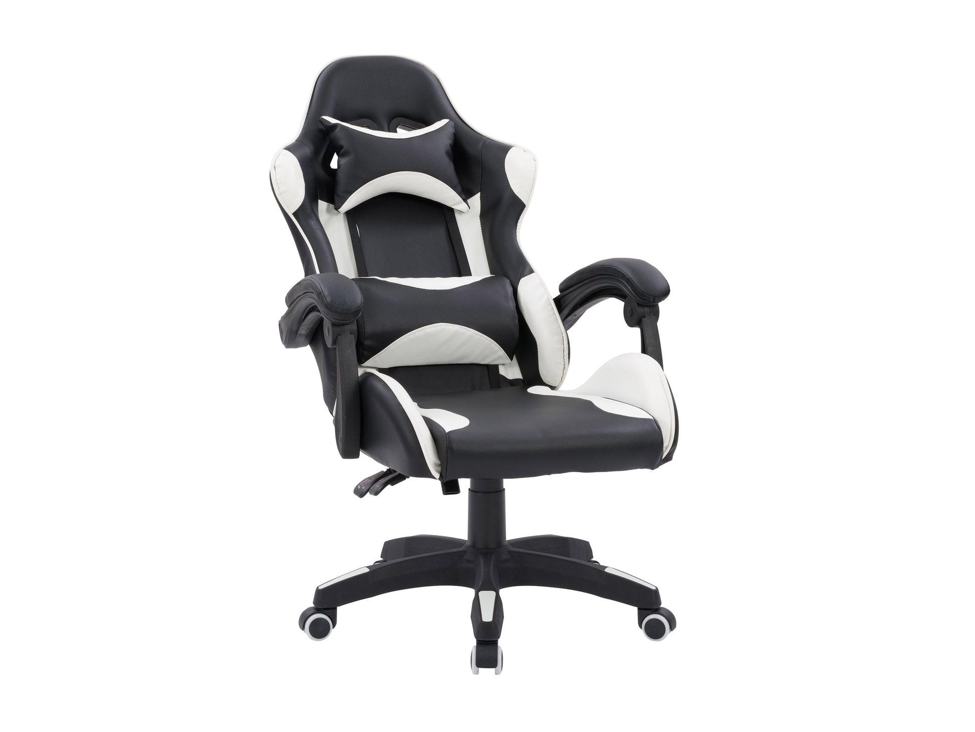 Black and white reclining gaming chair with ergonomic design, high-density foam padding, adjustable armrests, lumbar support, and smooth PU leather upholstery. Perfect for long gaming sessions.
