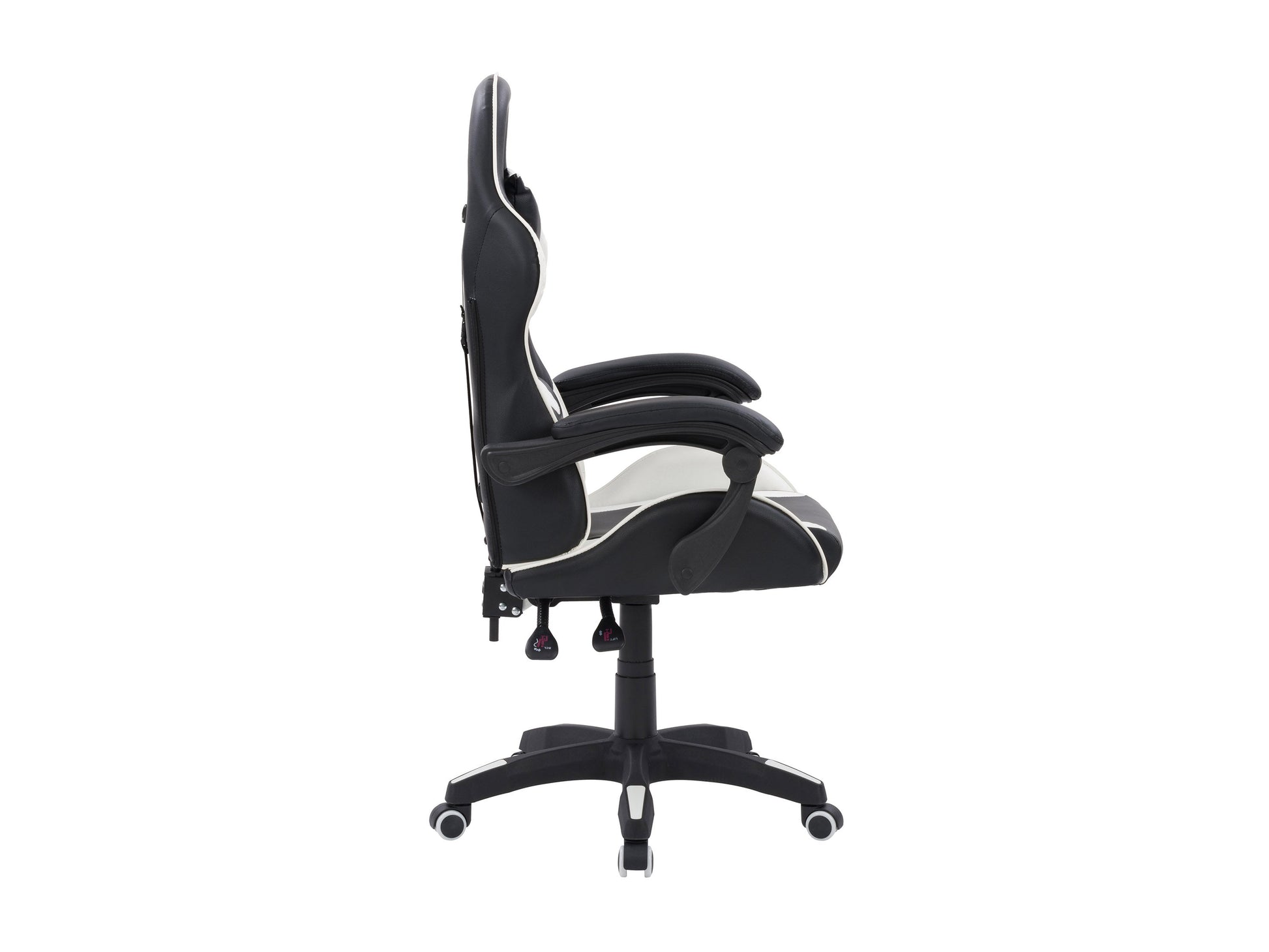 Black and white reclining gaming chair with ergonomic design, high-density foam padding, adjustable armrests, lumbar support, and smooth PU leather upholstery. Perfect for long gaming sessions.