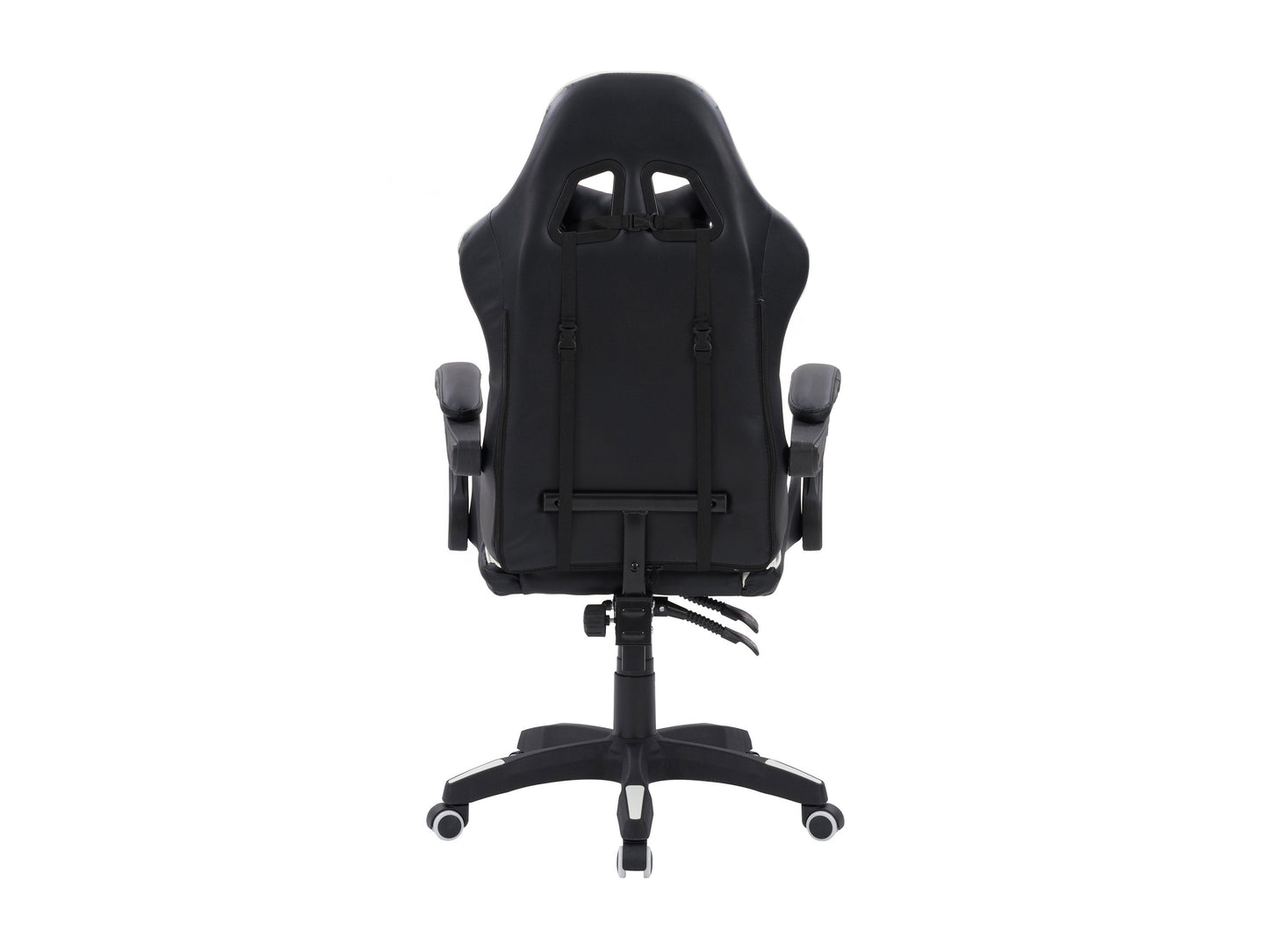Black and white reclining gaming chair with ergonomic design, high-density foam padding, adjustable armrests, lumbar support, and smooth PU leather upholstery. Perfect for long gaming sessions.