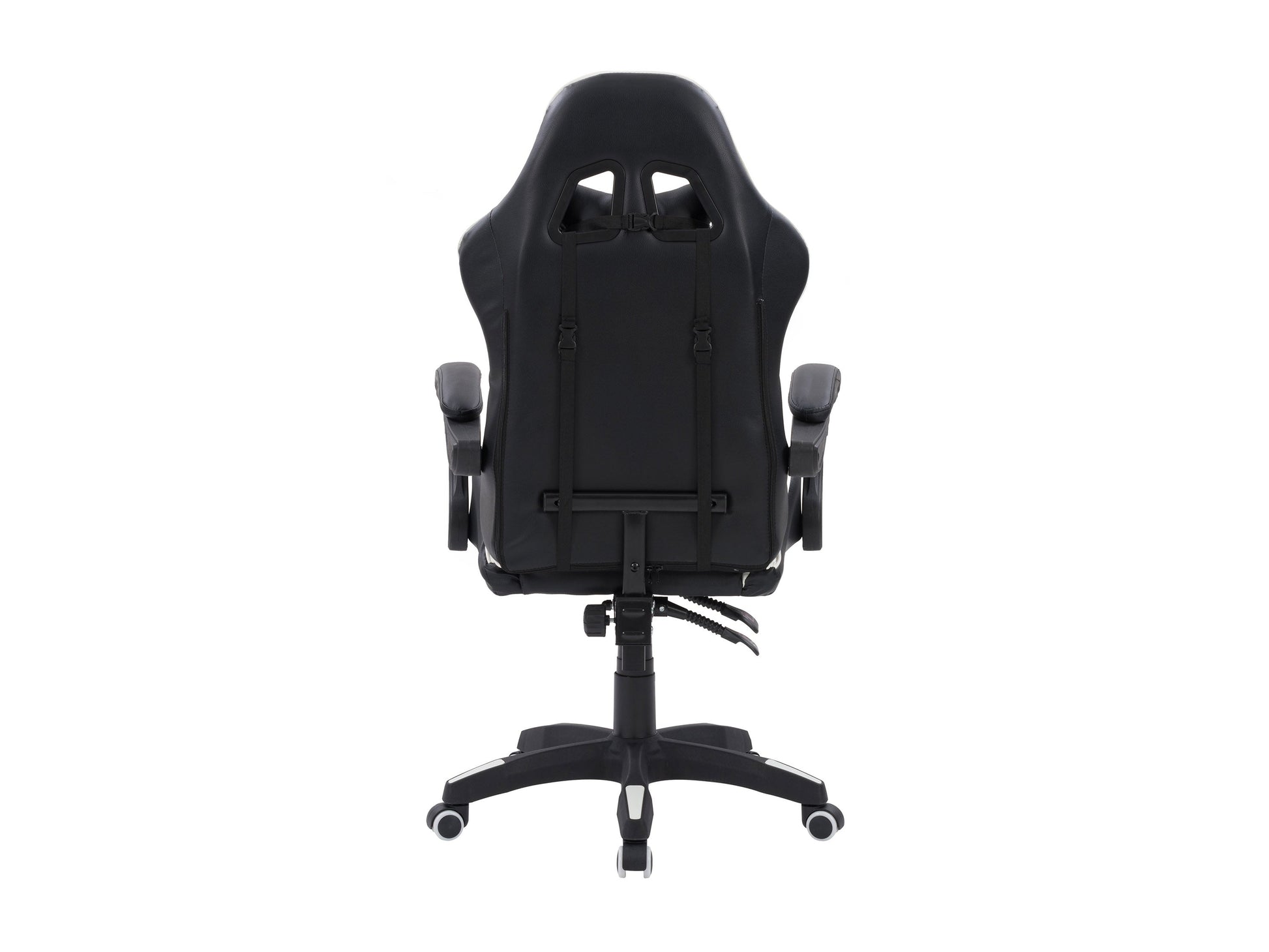 Black and white reclining gaming chair with ergonomic design, high-density foam padding, adjustable armrests, lumbar support, and smooth PU leather upholstery. Perfect for long gaming sessions.