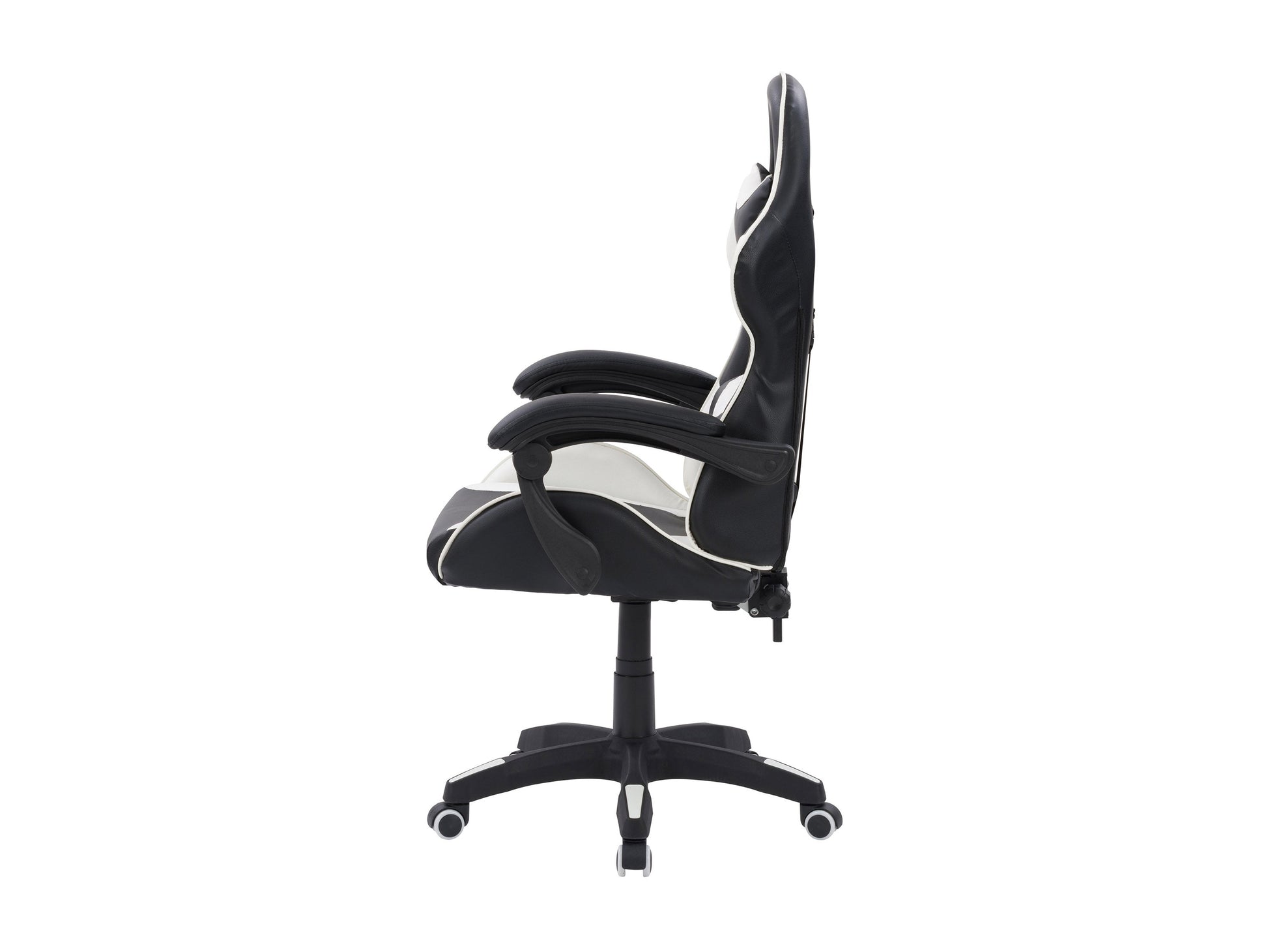 Black and white reclining gaming chair with ergonomic design, high-density foam padding, adjustable armrests, lumbar support, and smooth PU leather upholstery. Perfect for long gaming sessions.