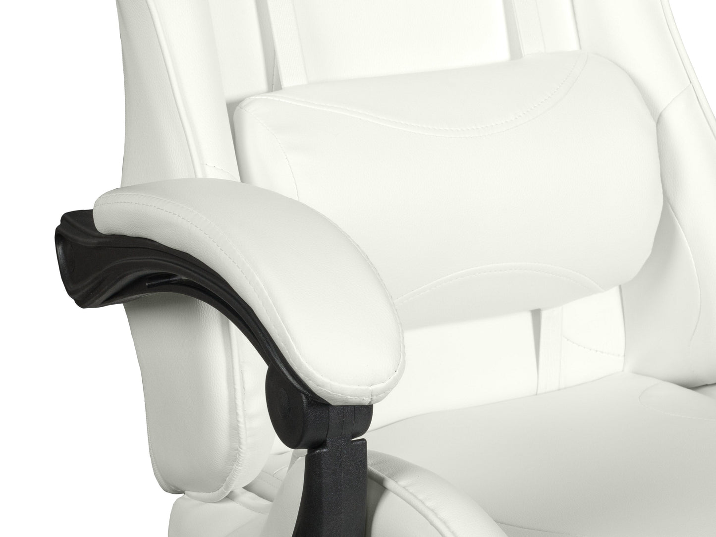 Ergonomic white reclining gaming chair with padded armrests, adjustable headrest, lumbar support, and durable faux leather upholstery, designed for comfort during extended gaming sessions.