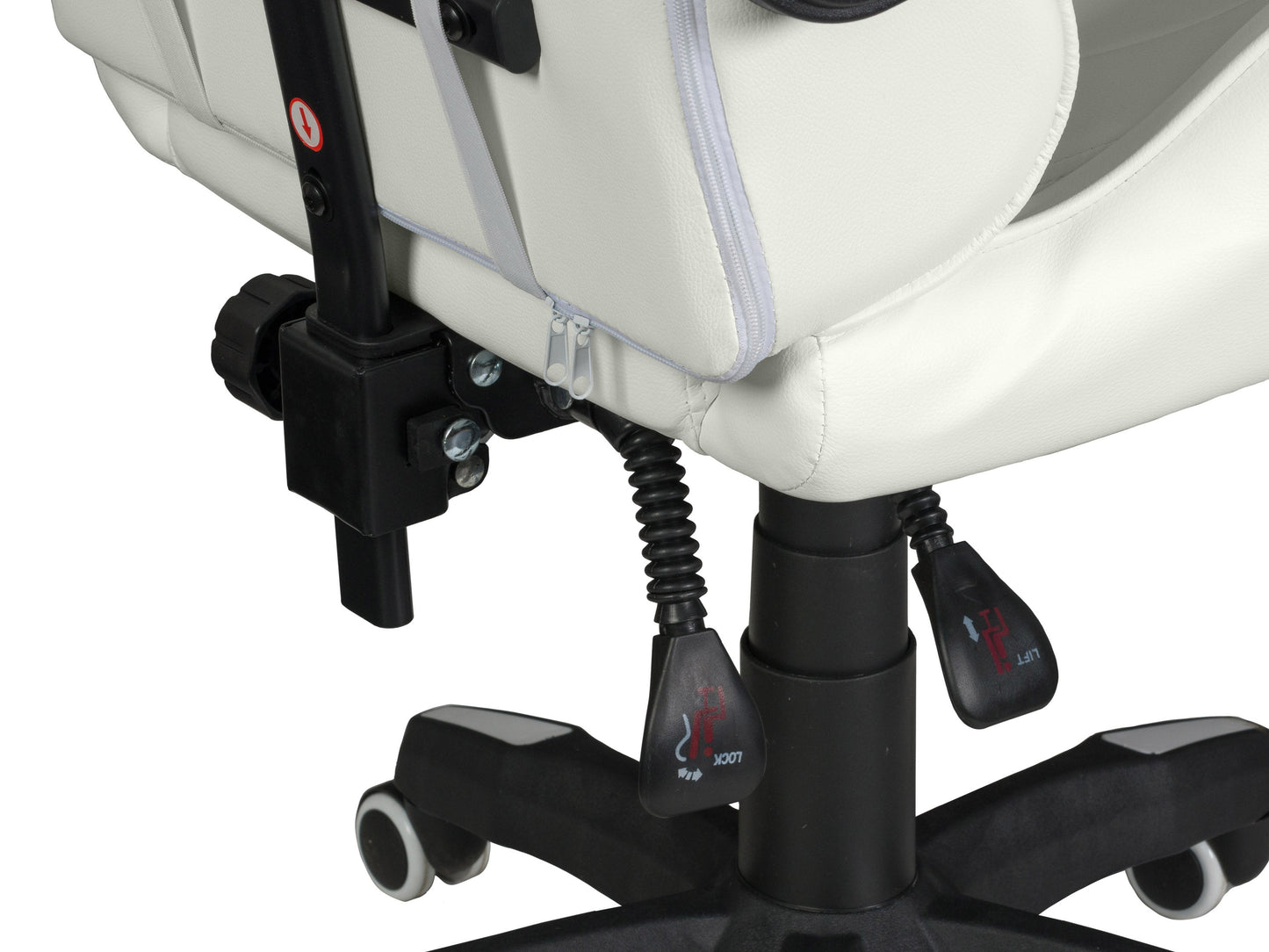 Ergonomic white reclining gaming chair with padded armrests, adjustable headrest, lumbar support, and durable faux leather upholstery, designed for comfort during extended gaming sessions.