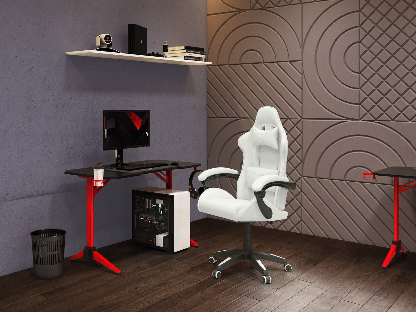 Ergonomic white reclining gaming chair with padded armrests, adjustable headrest, lumbar support, and durable faux leather upholstery, designed for comfort during extended gaming sessions.