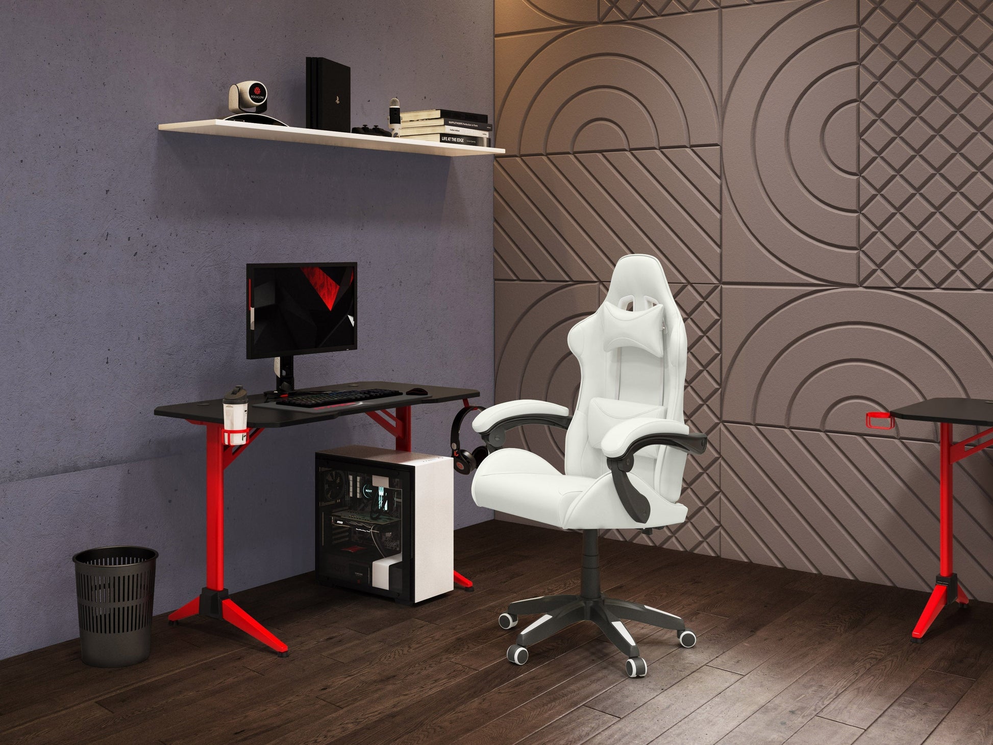 Ergonomic white reclining gaming chair with padded armrests, adjustable headrest, lumbar support, and durable faux leather upholstery, designed for comfort during extended gaming sessions.