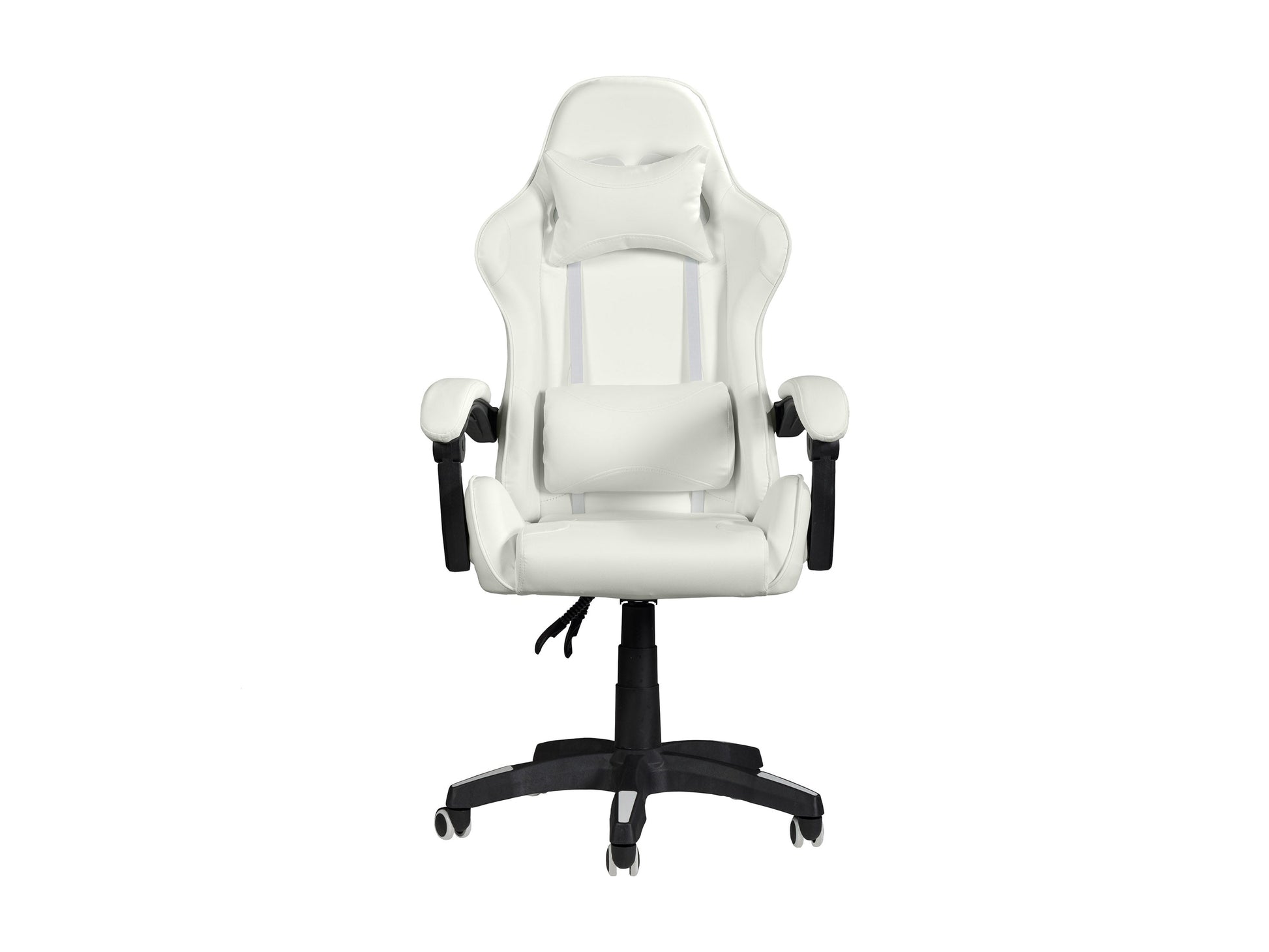 Ergonomic white reclining gaming chair with padded armrests, adjustable headrest, lumbar support, and durable faux leather upholstery, designed for comfort during extended gaming sessions.