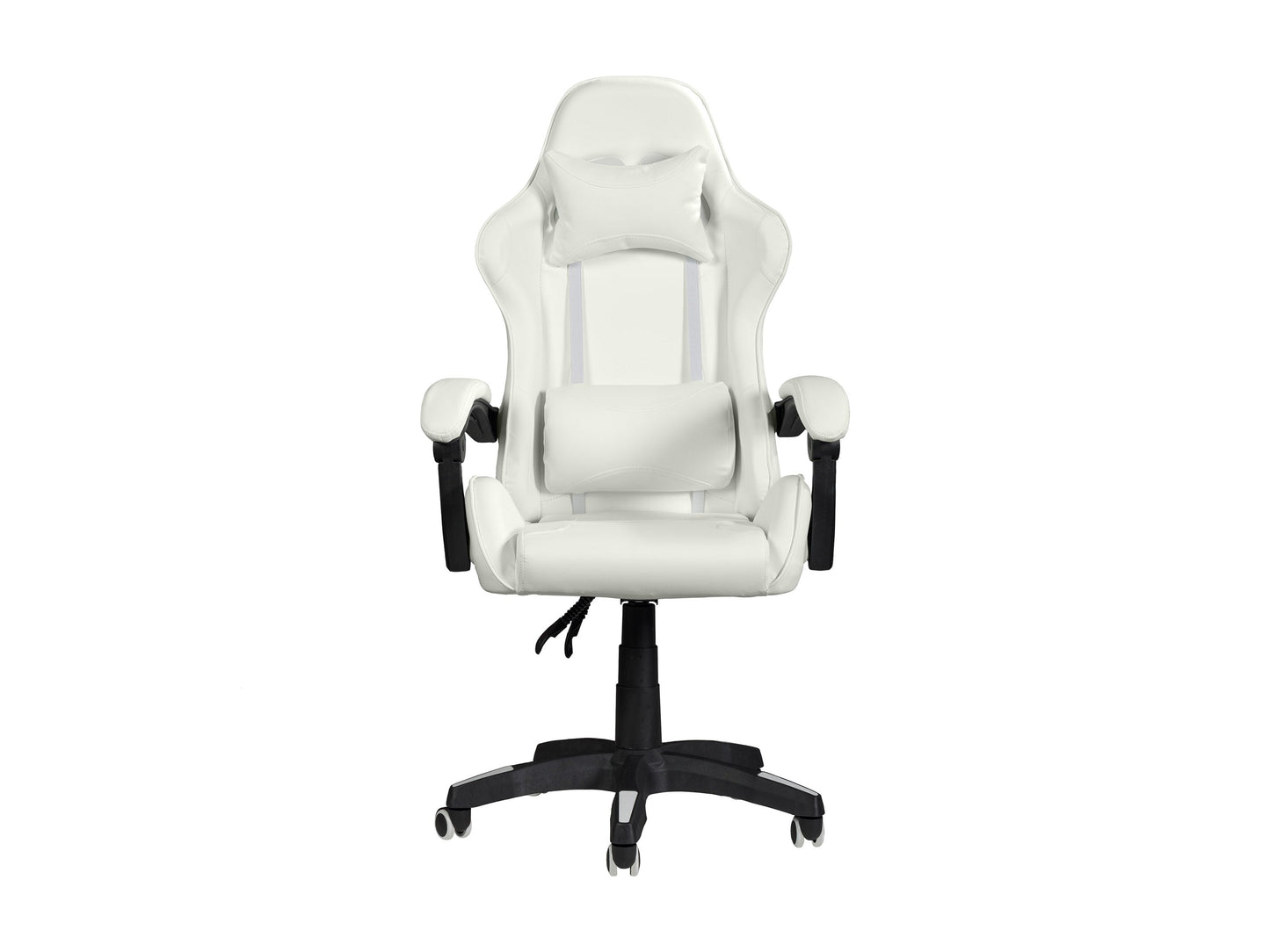 Ergonomic white reclining gaming chair with padded armrests, adjustable headrest, lumbar support, and durable faux leather upholstery, designed for comfort during extended gaming sessions.