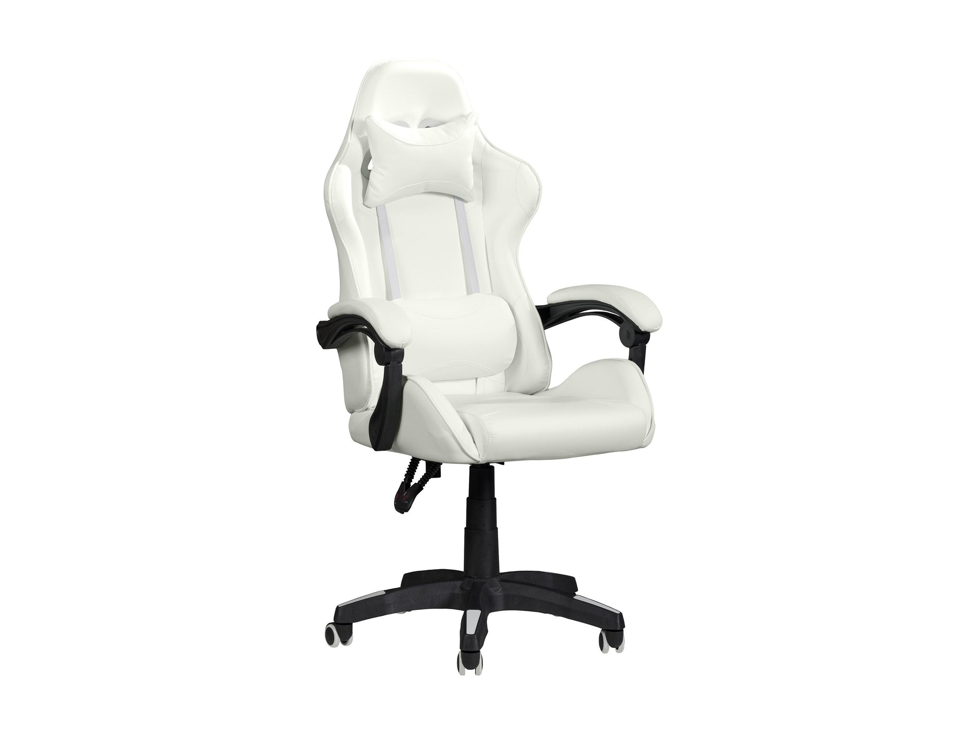 Ergonomic white reclining gaming chair with padded armrests, adjustable headrest, lumbar support, and durable faux leather upholstery, designed for comfort during extended gaming sessions.