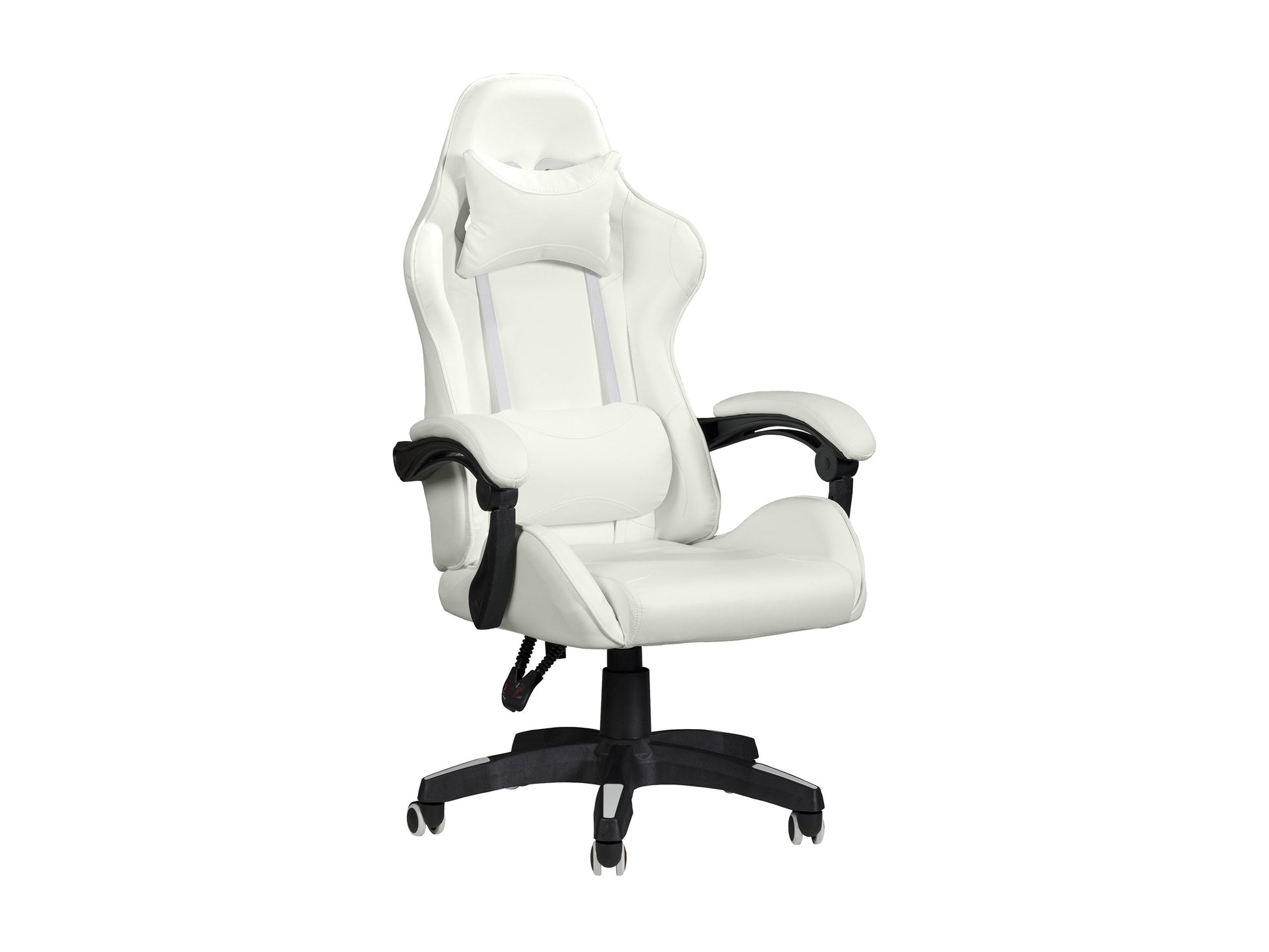 Ergonomic white reclining gaming chair with padded armrests, adjustable headrest, lumbar support, and durable faux leather upholstery, designed for comfort during extended gaming sessions.