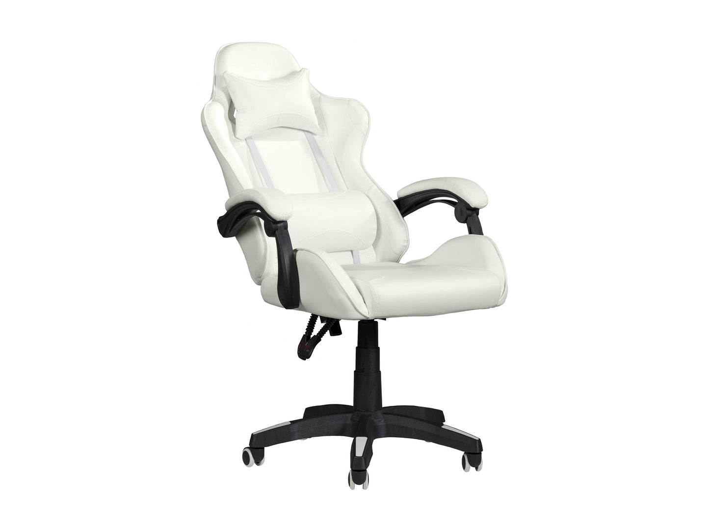 Ergonomic white reclining gaming chair with padded armrests, adjustable headrest, lumbar support, and durable faux leather upholstery, designed for comfort during extended gaming sessions.