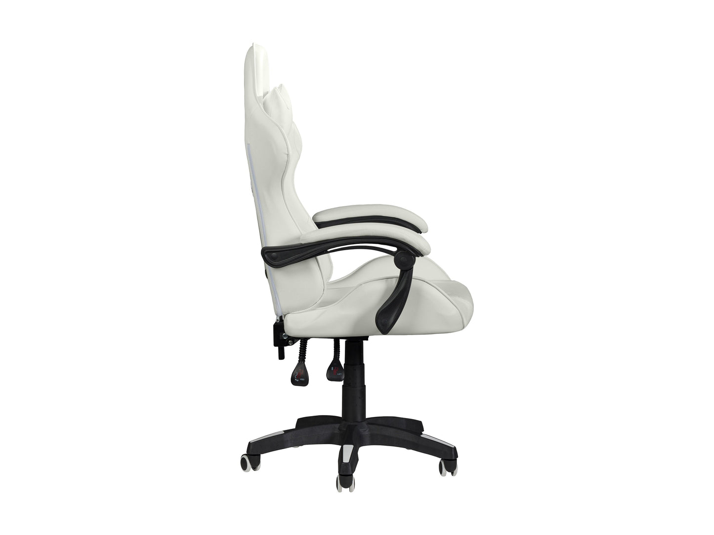 Ergonomic white reclining gaming chair with padded armrests, adjustable headrest, lumbar support, and durable faux leather upholstery, designed for comfort during extended gaming sessions.