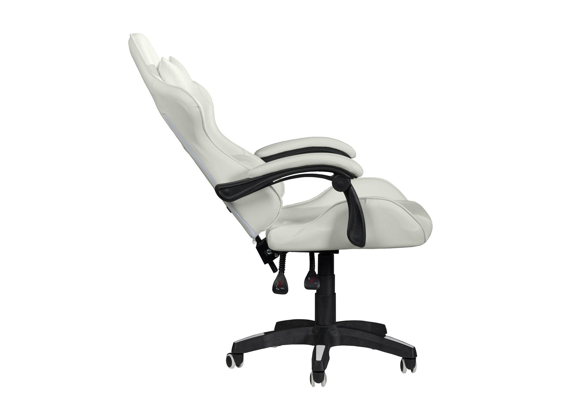 Ergonomic white reclining gaming chair with padded armrests, adjustable headrest, lumbar support, and durable faux leather upholstery, designed for comfort during extended gaming sessions.