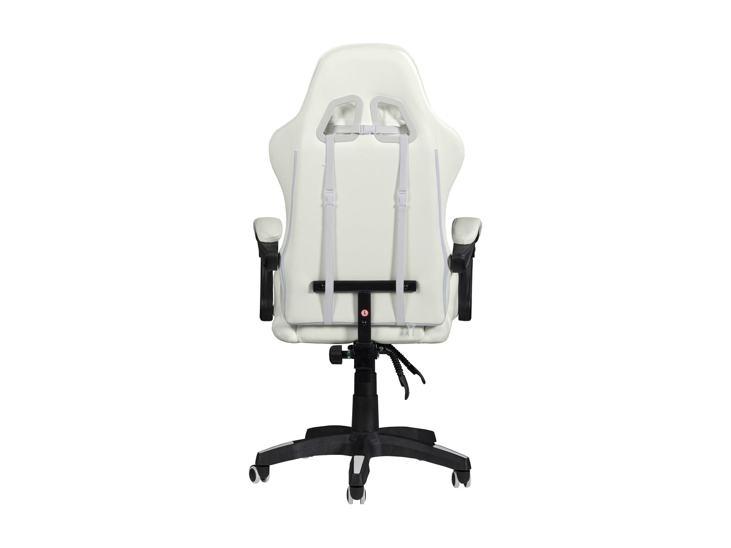 Ergonomic white reclining gaming chair with padded armrests, adjustable headrest, lumbar support, and durable faux leather upholstery, designed for comfort during extended gaming sessions.