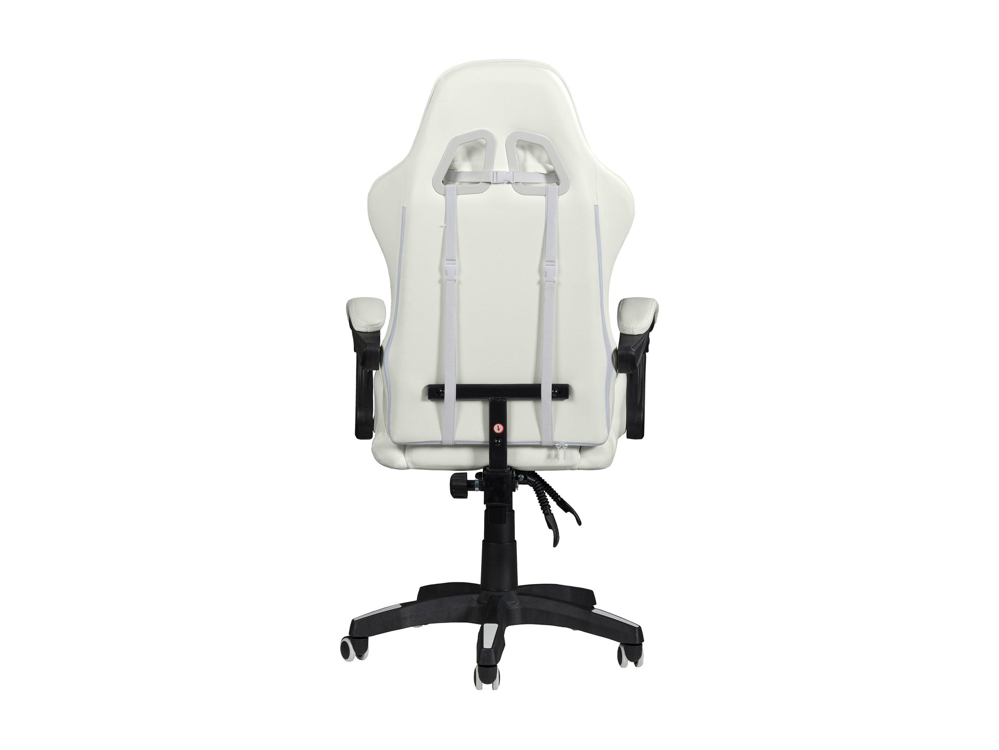 Ergonomic white reclining gaming chair with padded armrests, adjustable headrest, lumbar support, and durable faux leather upholstery, designed for comfort during extended gaming sessions.