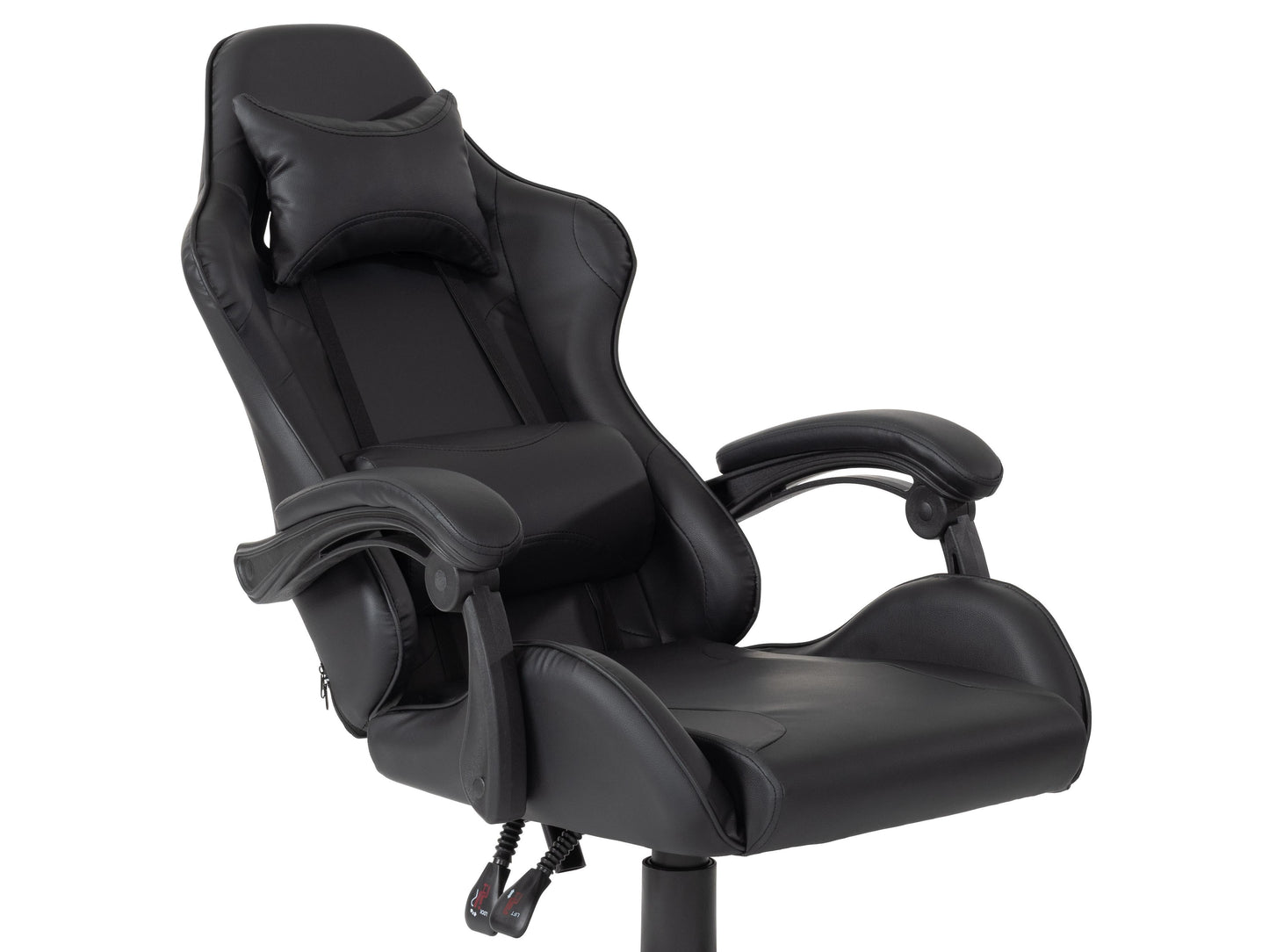 Black reclining gaming chair with ergonomic design, padded armrests, high-density foam seat, adjustable headrest, and lumbar support. Ideal for gamers seeking comfort and style.