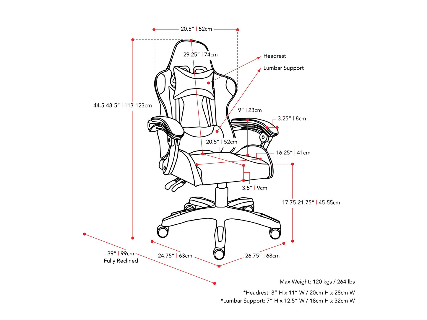 Black reclining gaming chair with ergonomic design, padded armrests, high-density foam seat, adjustable headrest, and lumbar support. Ideal for gamers seeking comfort and style.