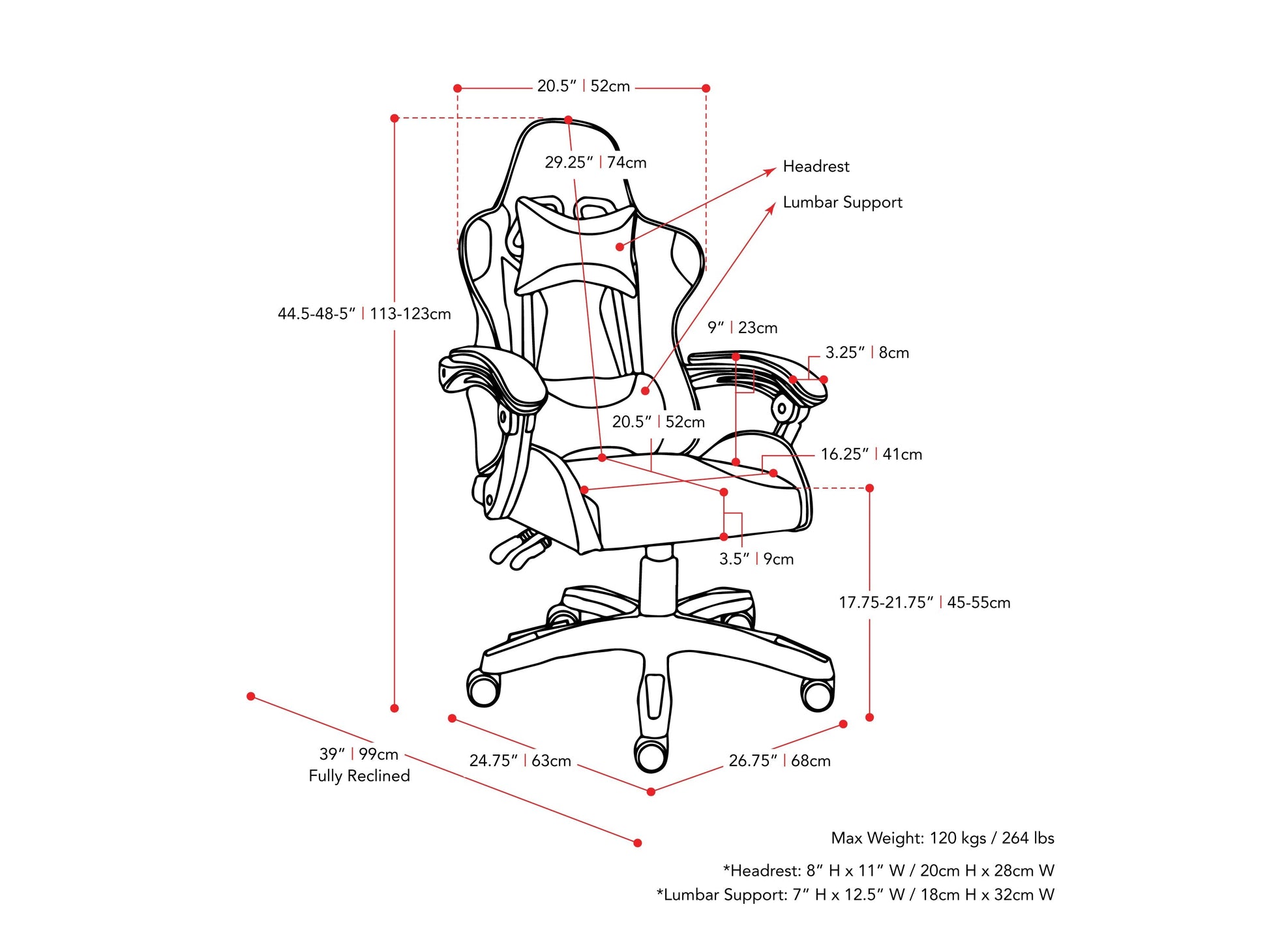 Black reclining gaming chair with ergonomic design, padded armrests, high-density foam seat, adjustable headrest, and lumbar support. Ideal for gamers seeking comfort and style.