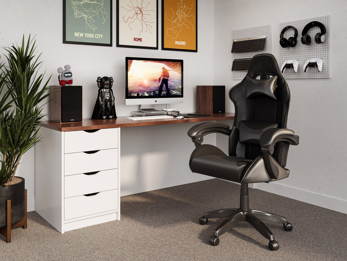 Black reclining gaming chair with ergonomic design, padded armrests, high-density foam seat, adjustable headrest, and lumbar support. Ideal for gamers seeking comfort and style.