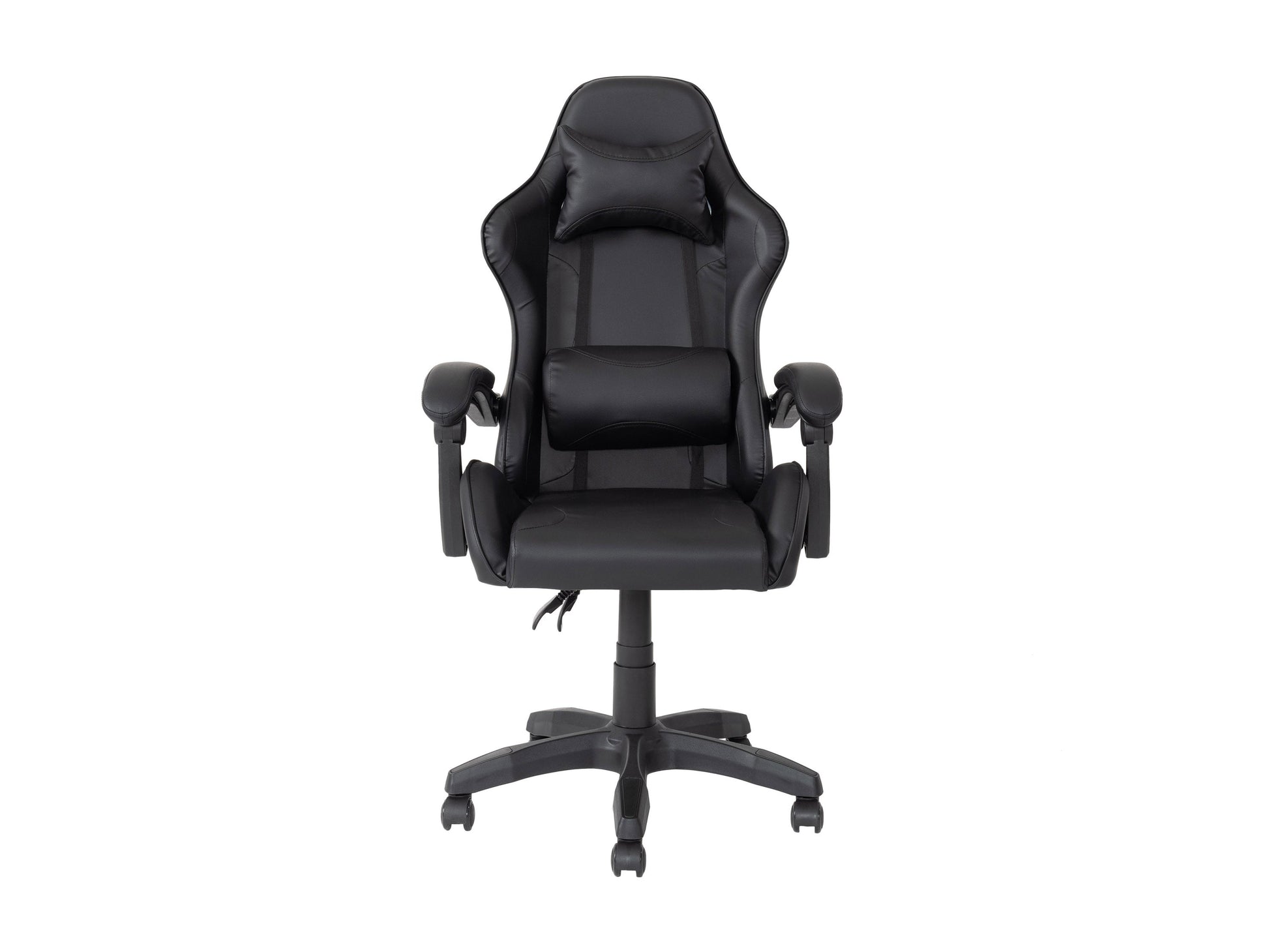 Black reclining gaming chair with ergonomic design, padded armrests, high-density foam seat, adjustable headrest, and lumbar support. Ideal for gamers seeking comfort and style.