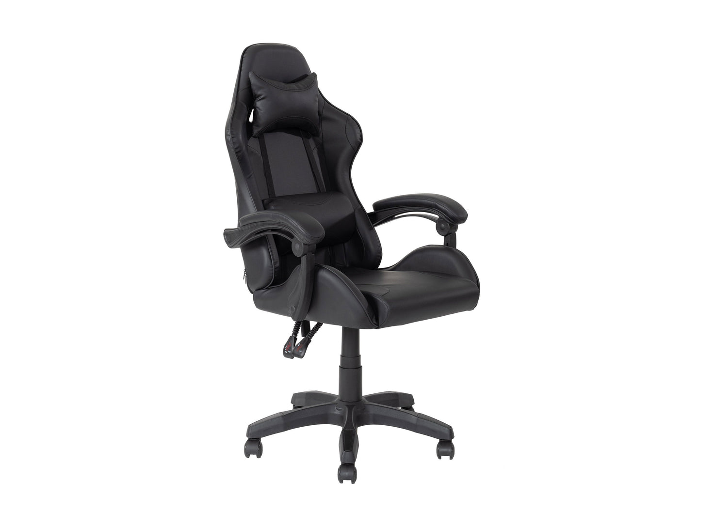 Black reclining gaming chair with ergonomic design, padded armrests, high-density foam seat, adjustable headrest, and lumbar support. Ideal for gamers seeking comfort and style.
