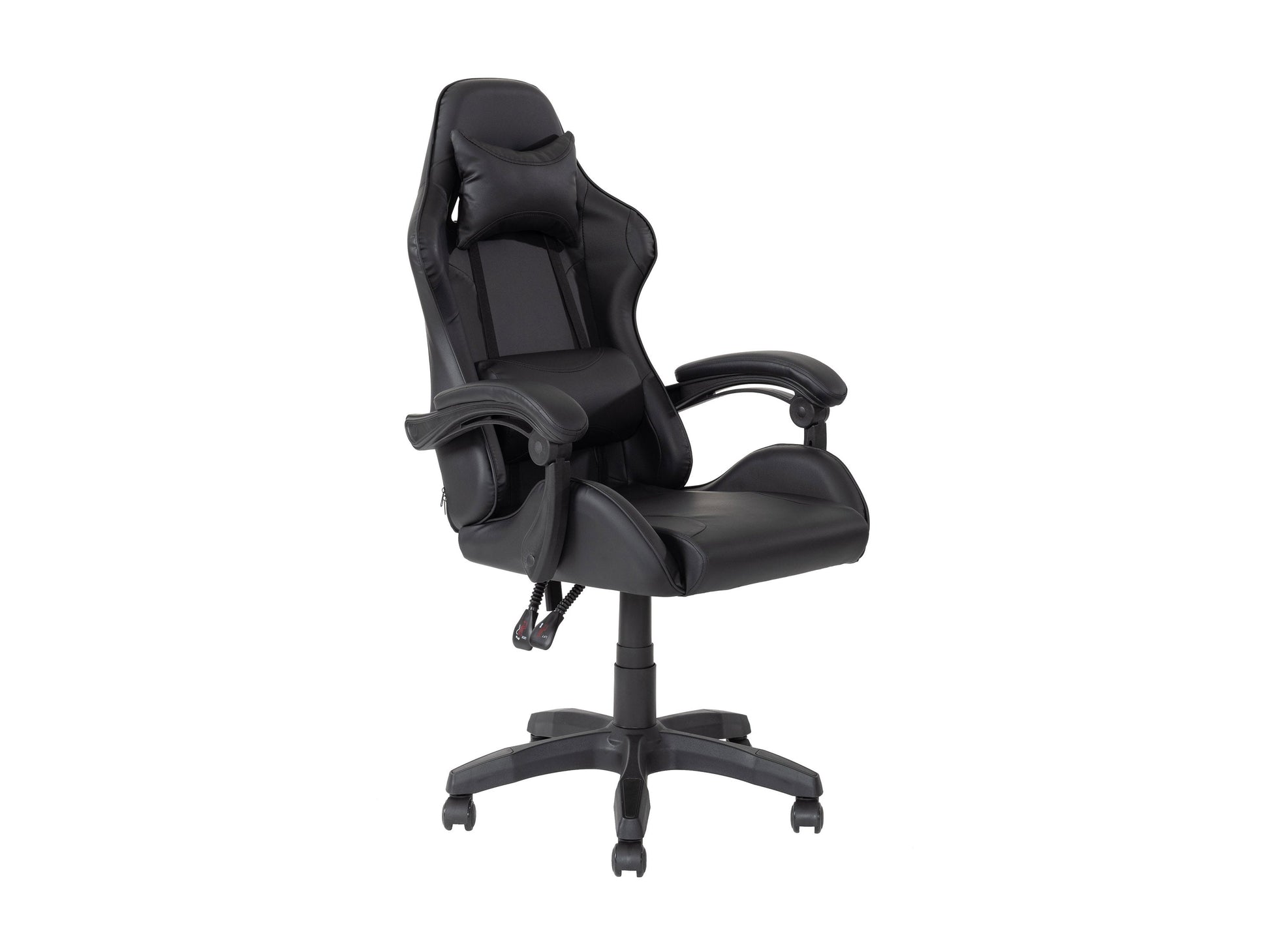 Black reclining gaming chair with ergonomic design, padded armrests, high-density foam seat, adjustable headrest, and lumbar support. Ideal for gamers seeking comfort and style.