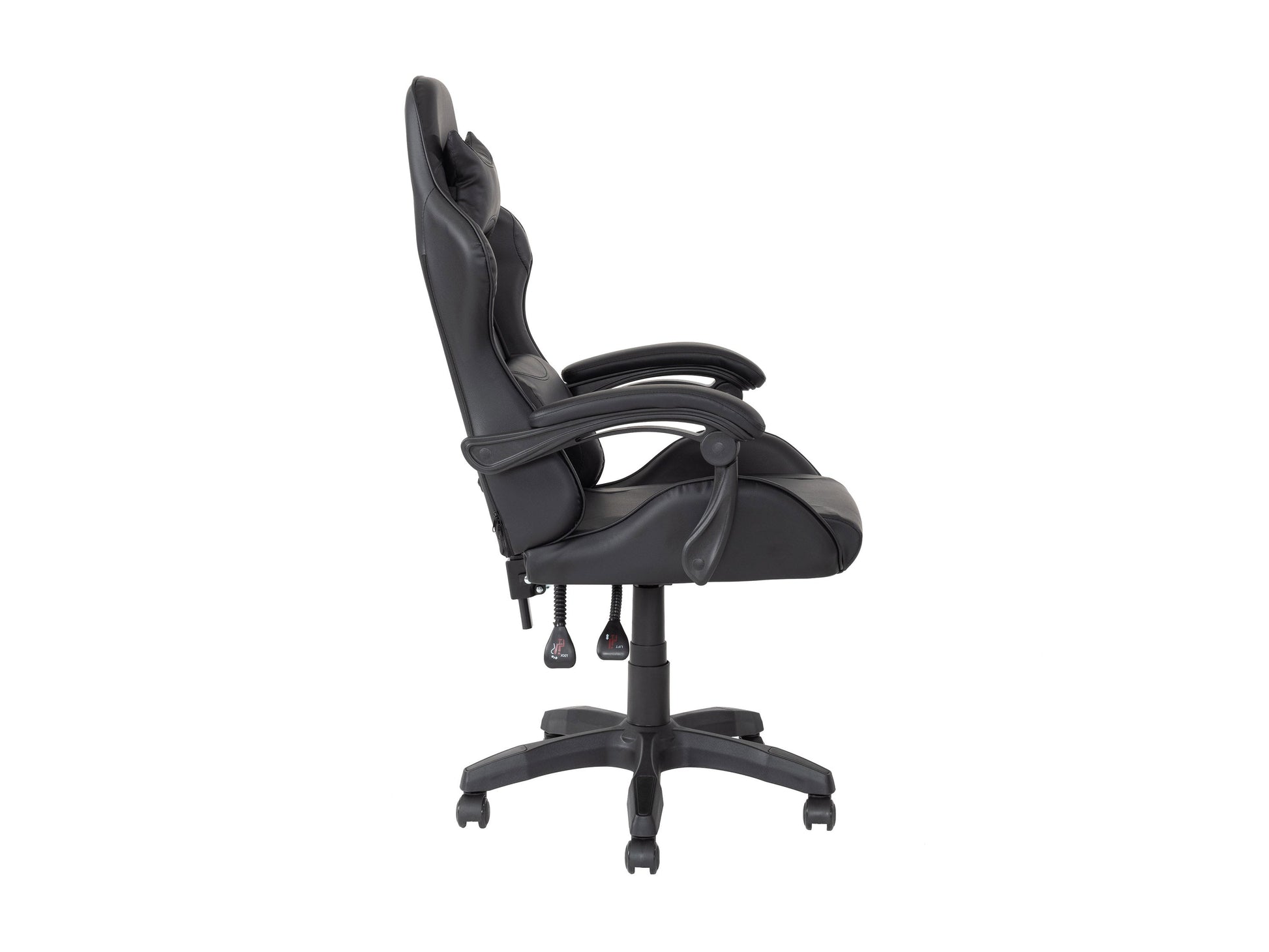 Black reclining gaming chair with ergonomic design, padded armrests, high-density foam seat, adjustable headrest, and lumbar support. Ideal for gamers seeking comfort and style.