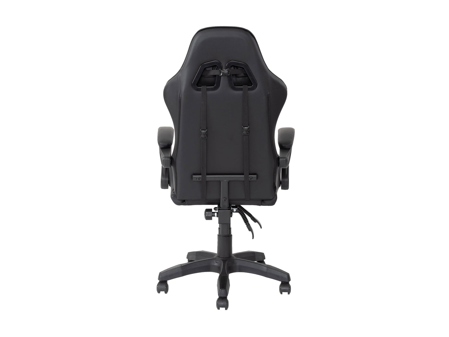 Black reclining gaming chair with ergonomic design, padded armrests, high-density foam seat, adjustable headrest, and lumbar support. Ideal for gamers seeking comfort and style.