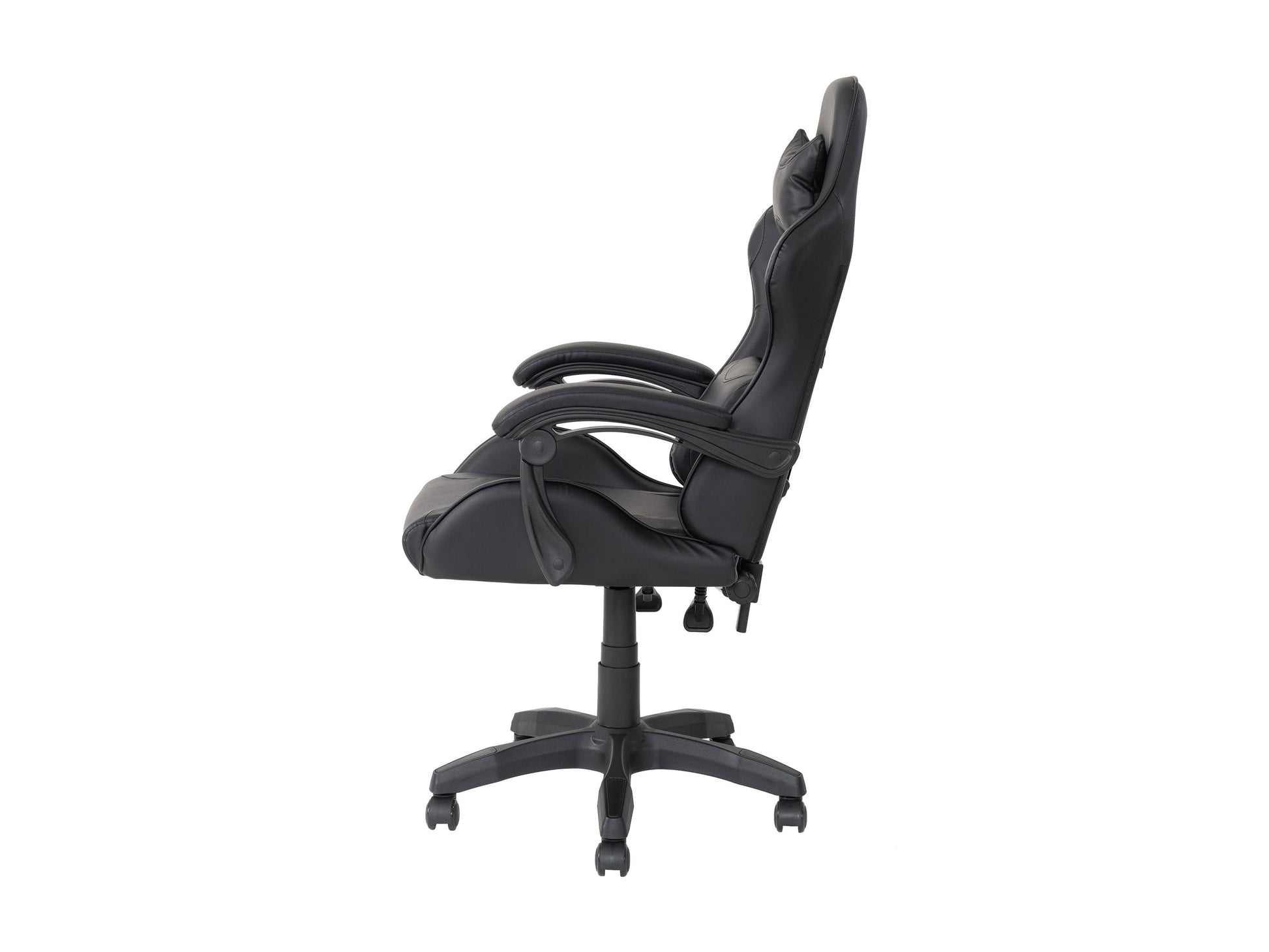 Black reclining gaming chair with ergonomic design, padded armrests, high-density foam seat, adjustable headrest, and lumbar support. Ideal for gamers seeking comfort and style.